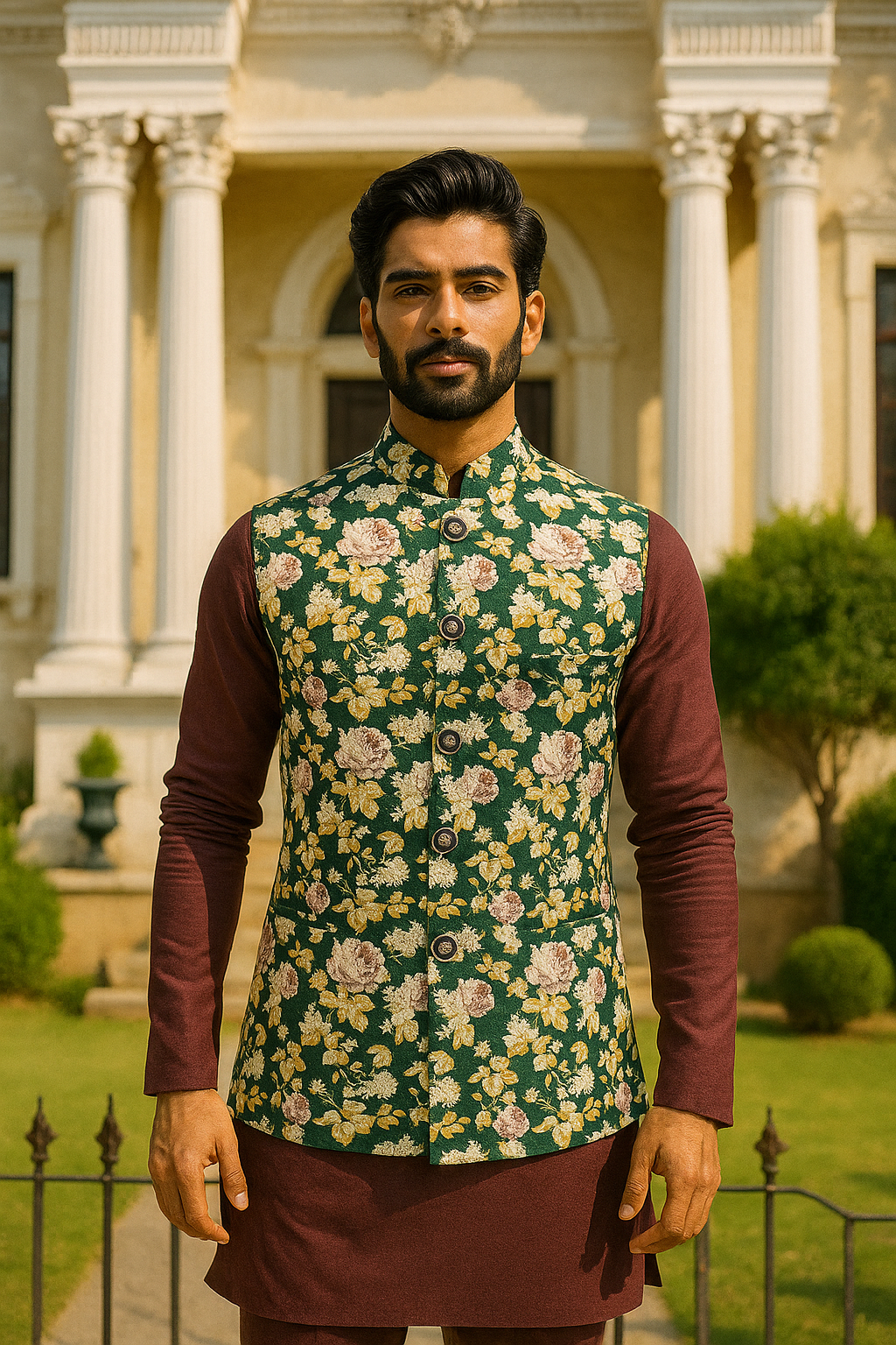 Green Floral Printed Waist Coat