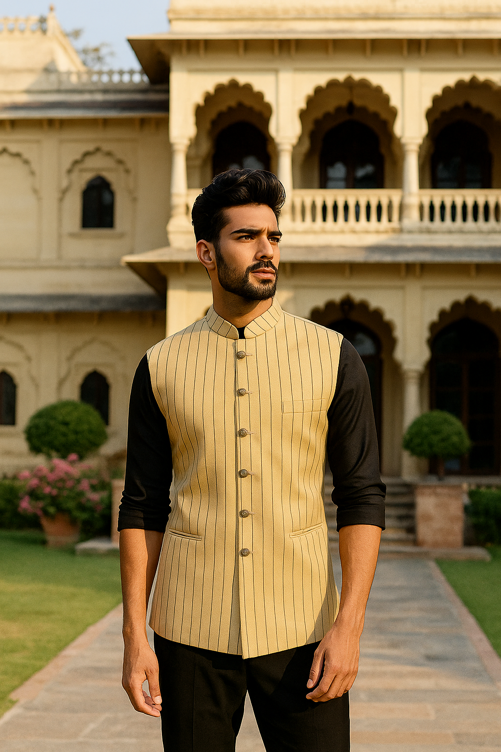Classic Beige Pinstripe Waist Coat