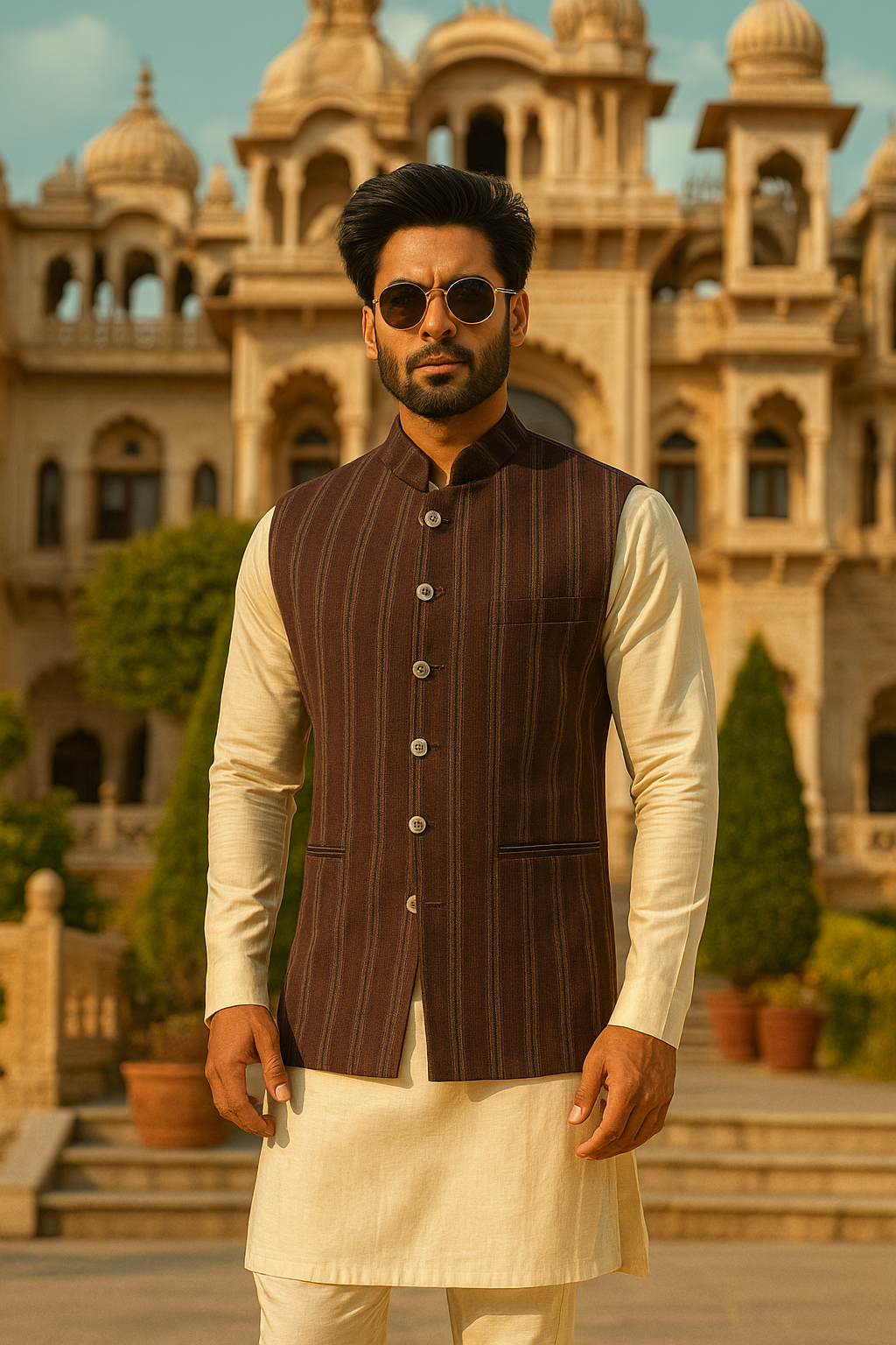 Maroon Textured Stripe Waist Coat