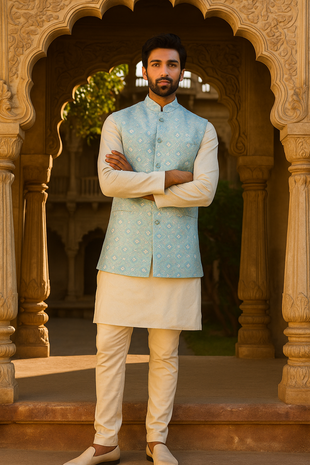 Sky Blue Brocade Waist Coat with Embroidered Buttons