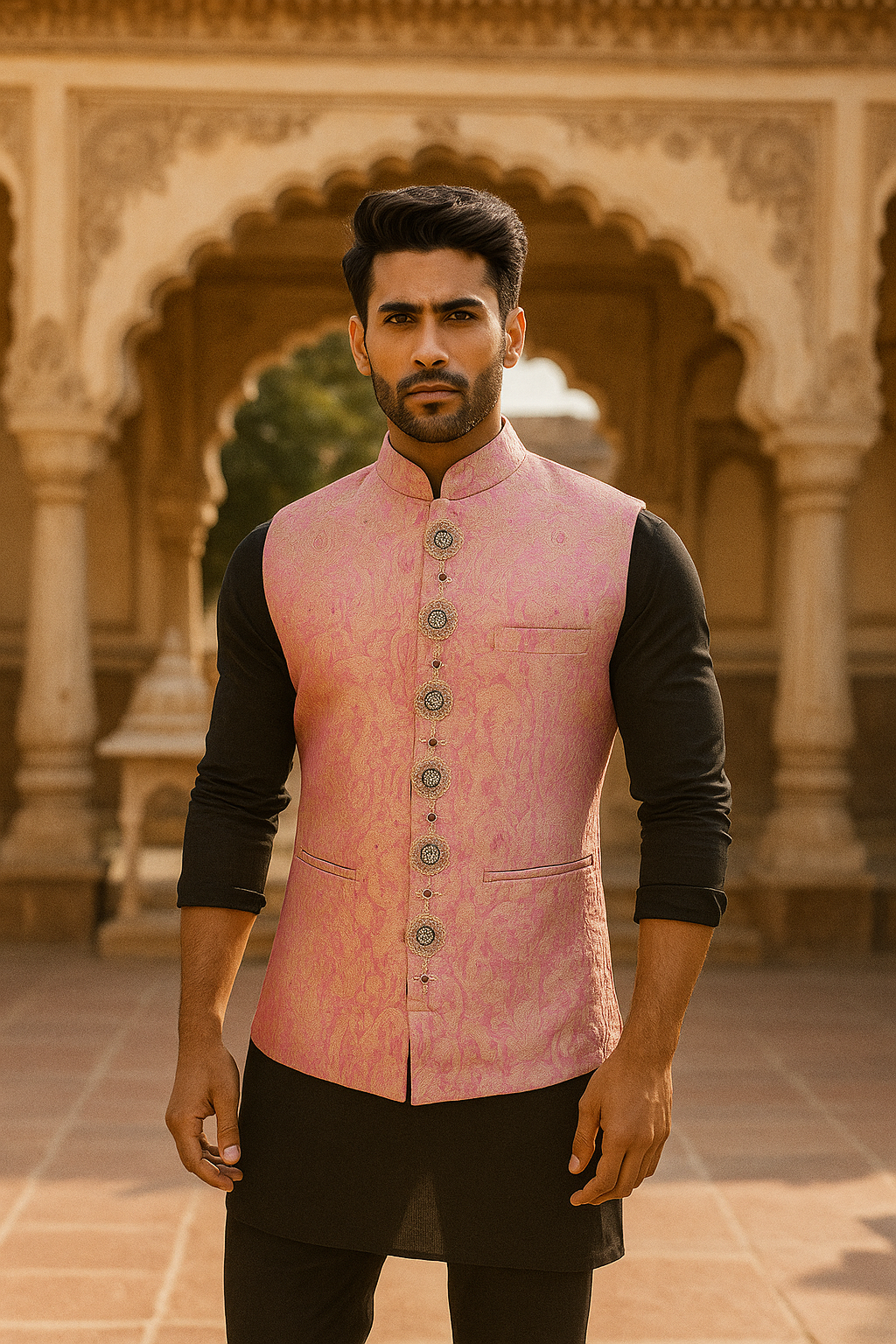 Regal Pink-Gold Brocade Jacket with Embellished Buttons