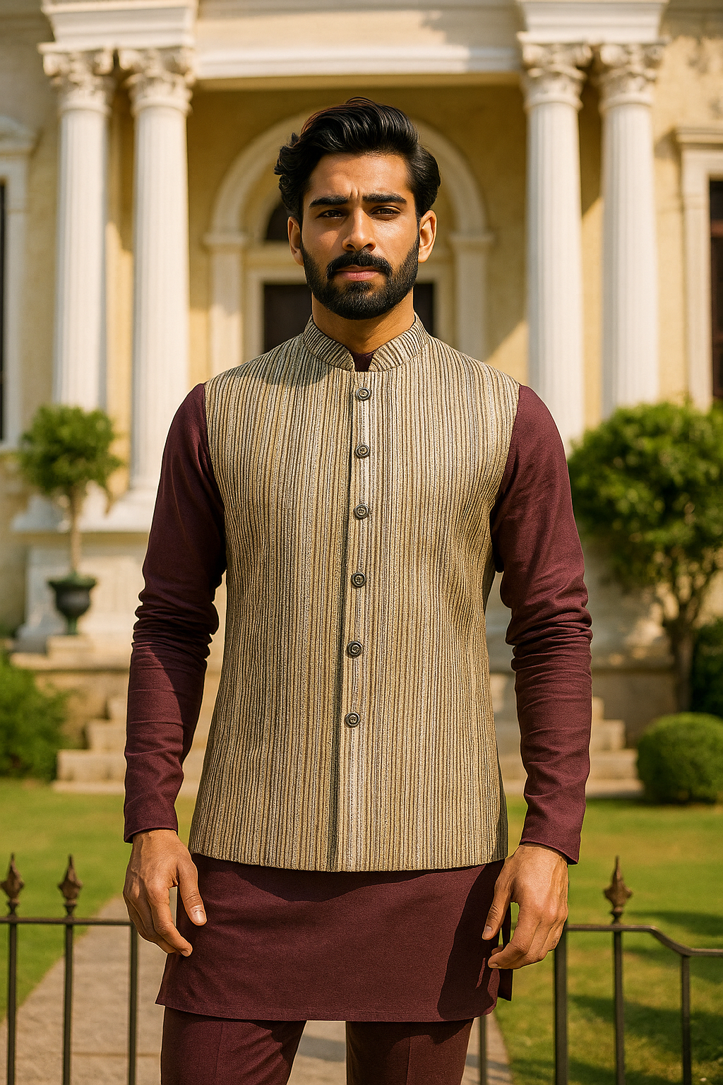 Men's Designer Striped Embroidered Nehru Jacket – Beige & Gold