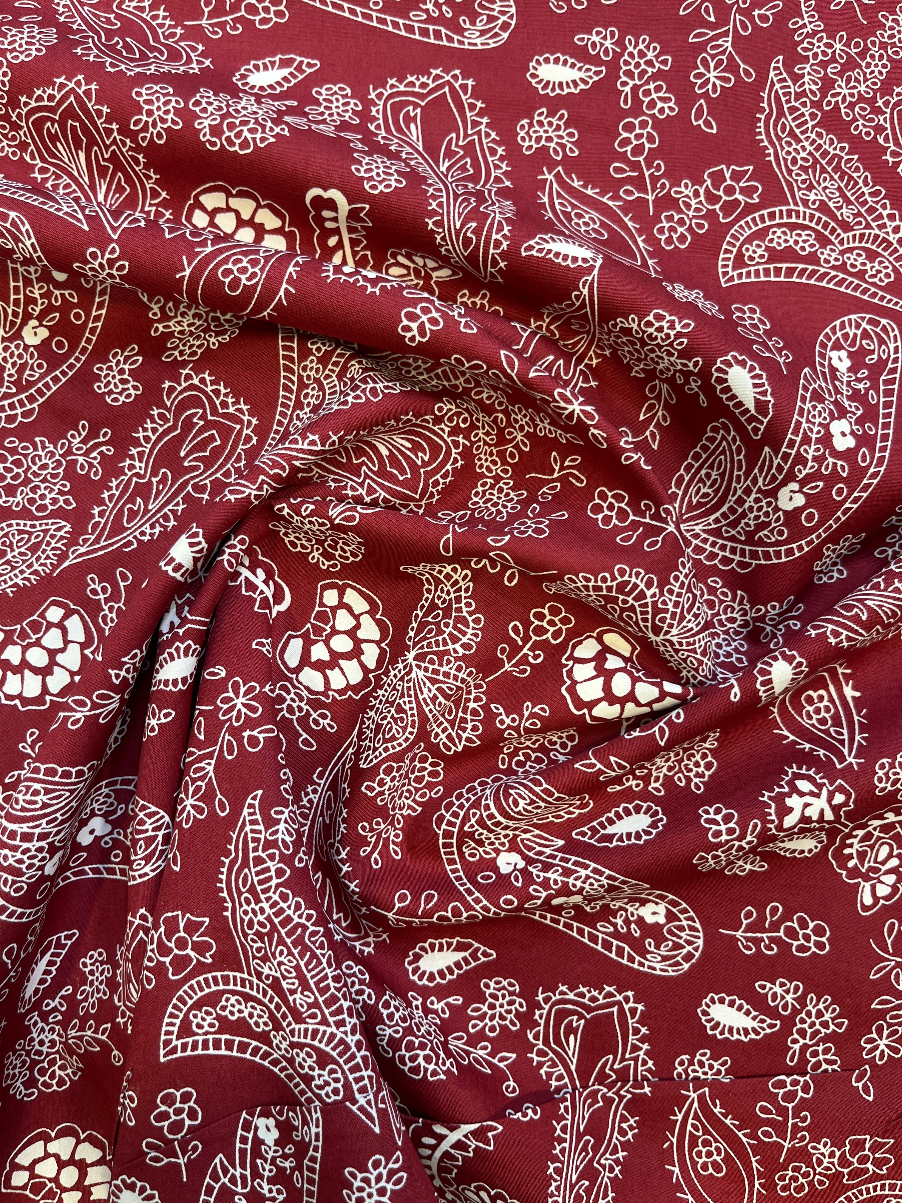 100% Giza Cotton Maroon Paisley Design Printed Shirting Fabric