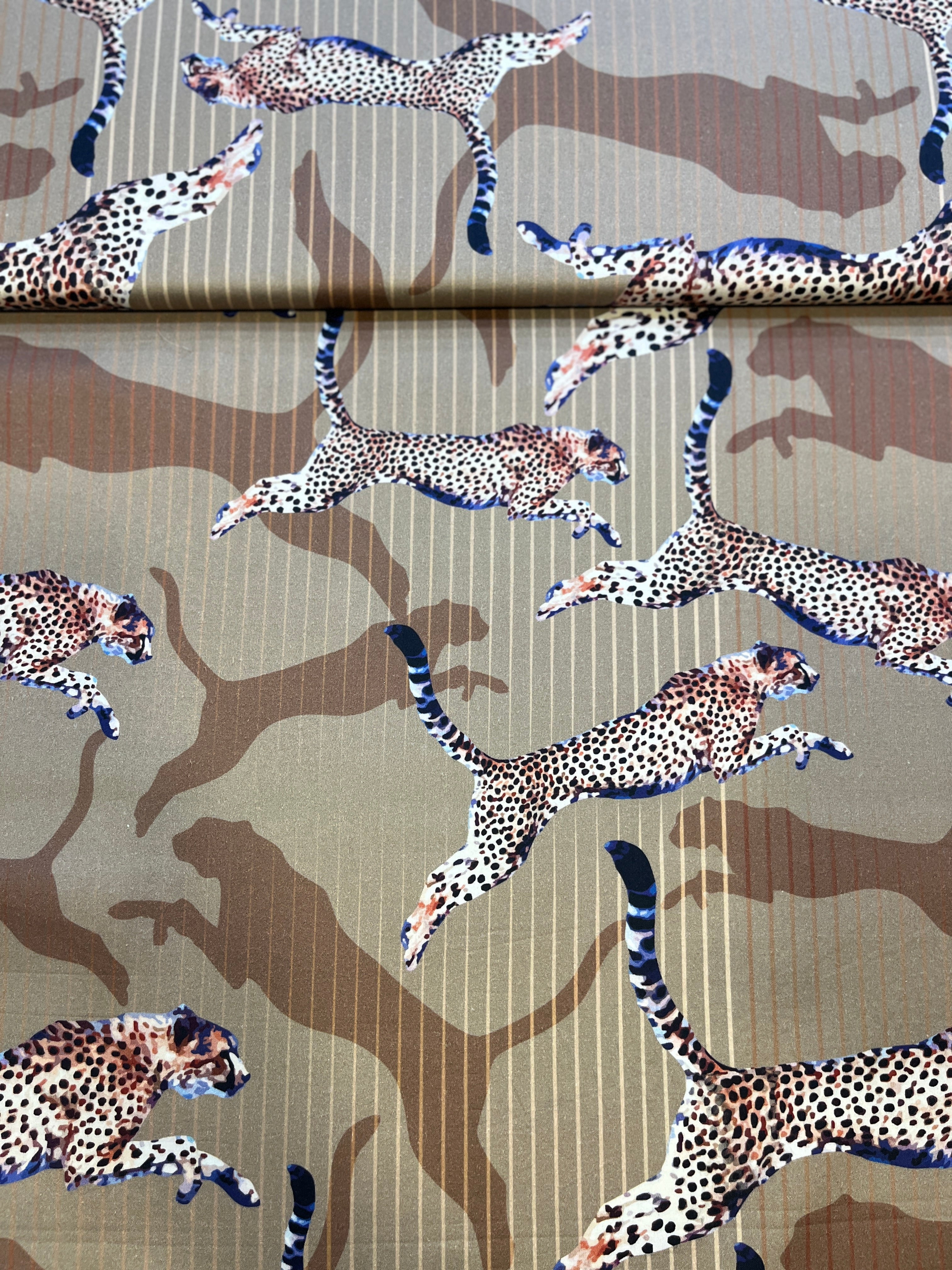 100% Giza Cotton Beige Jumping Leopard Printed Shirting Fabric