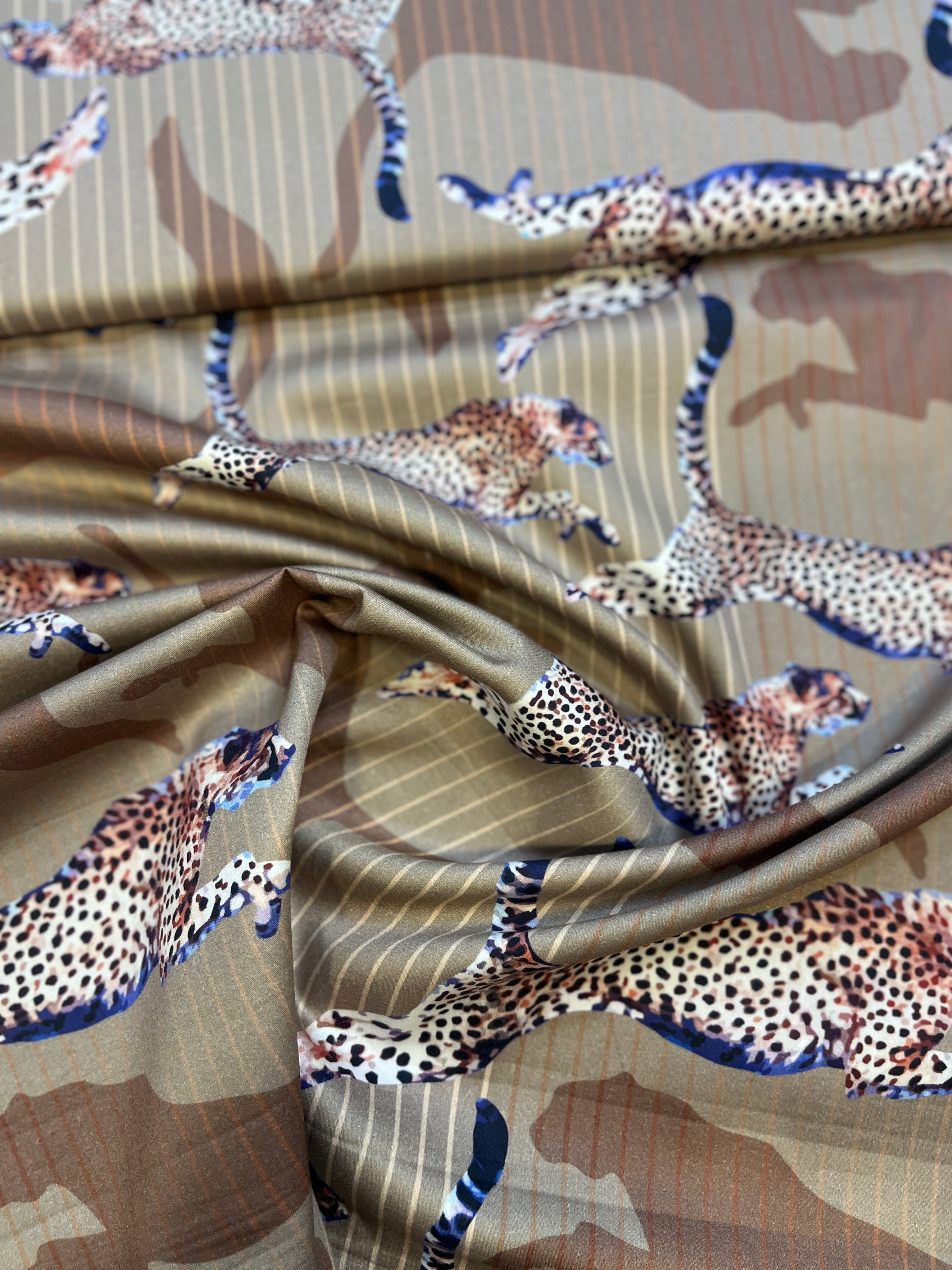 100% Giza Cotton Beige Jumping Leopard Printed Shirting Fabric