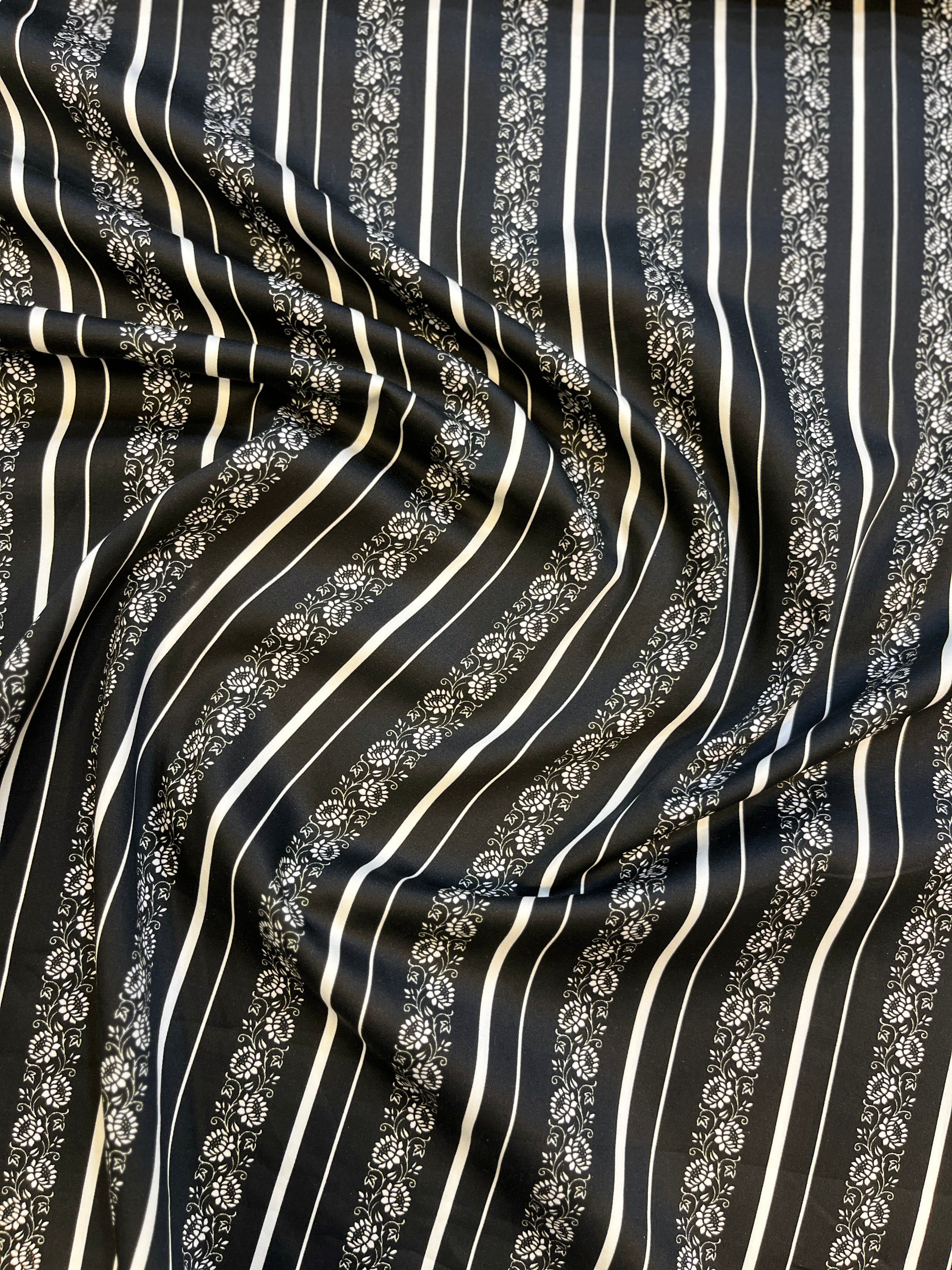 100% Giza Cotton Black Leaves & Floral Artistic Printed Shirting Fabric