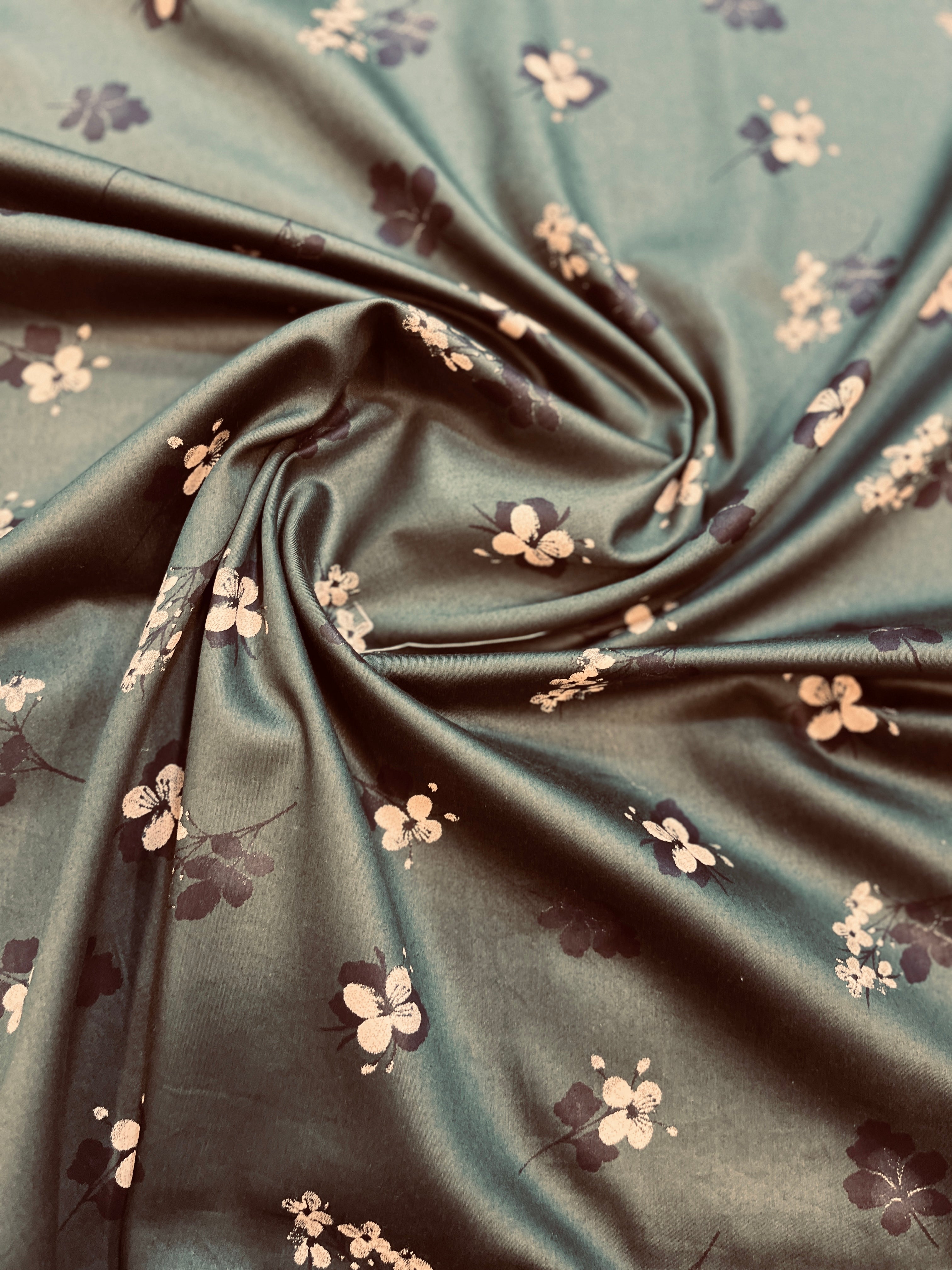 100% Giza Cotton Dark Olive Green Floral Printed Shirting Fabric