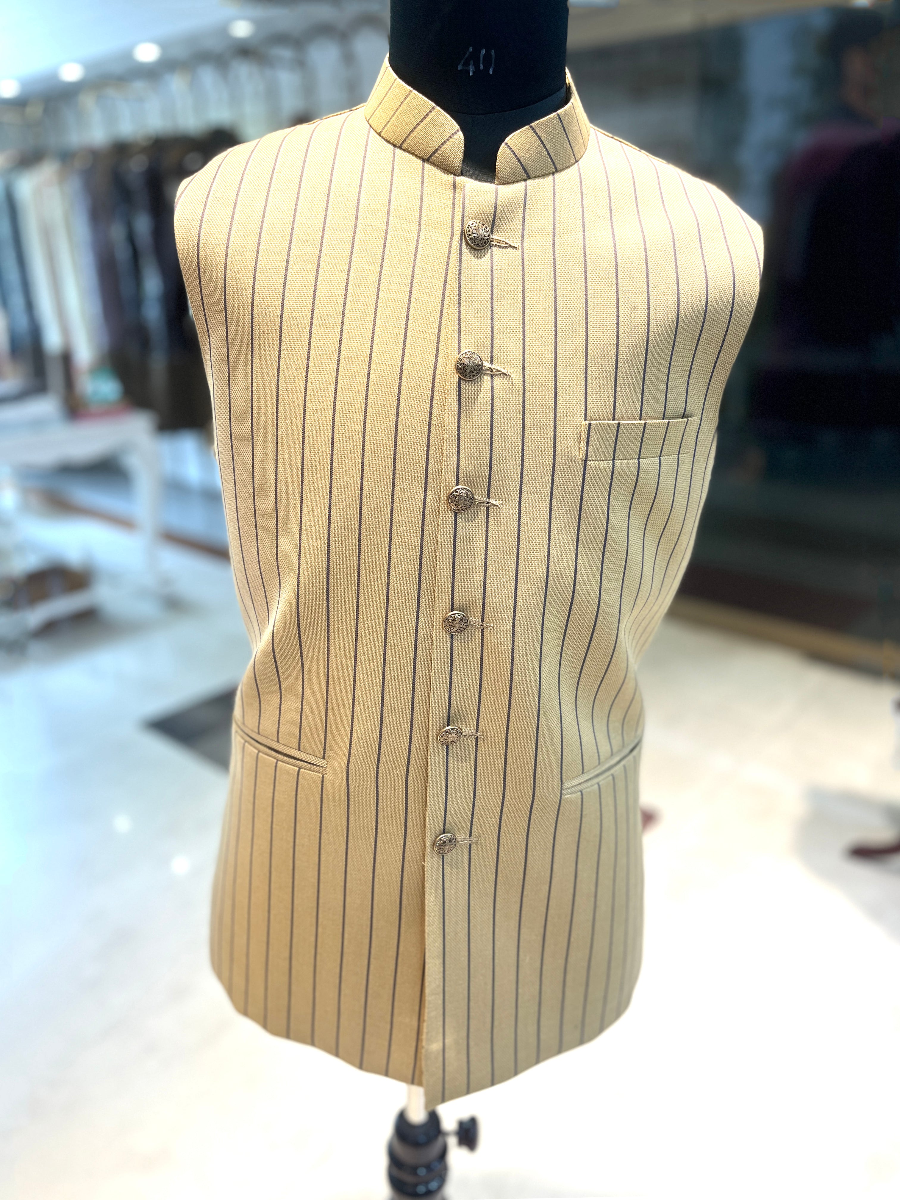 Classic Beige Pinstripe Waist Coat