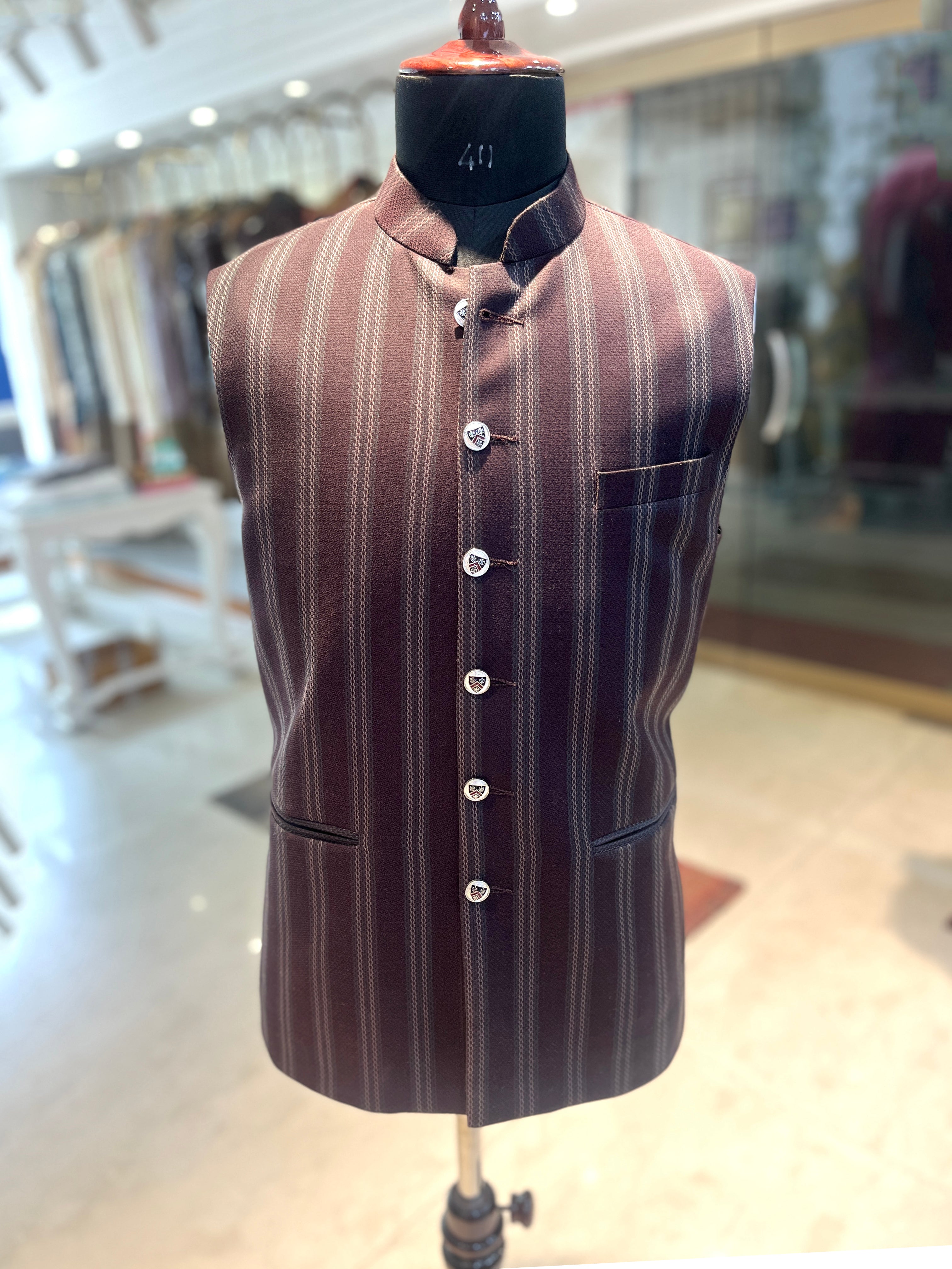 Maroon Textured Stripe Waist Coat