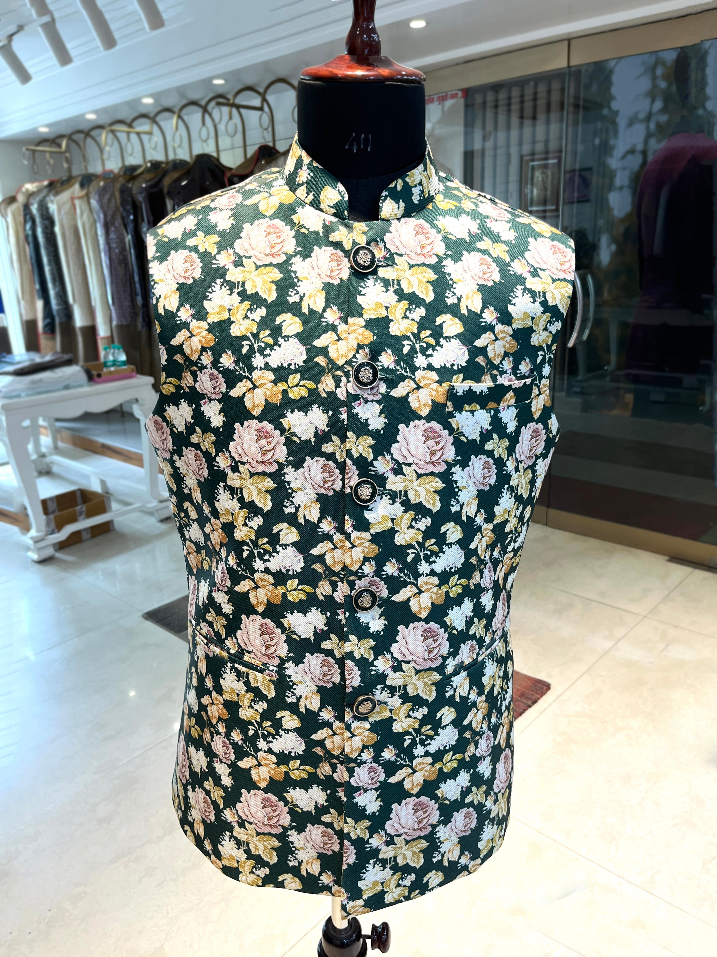 Green Floral Printed Waist Coat