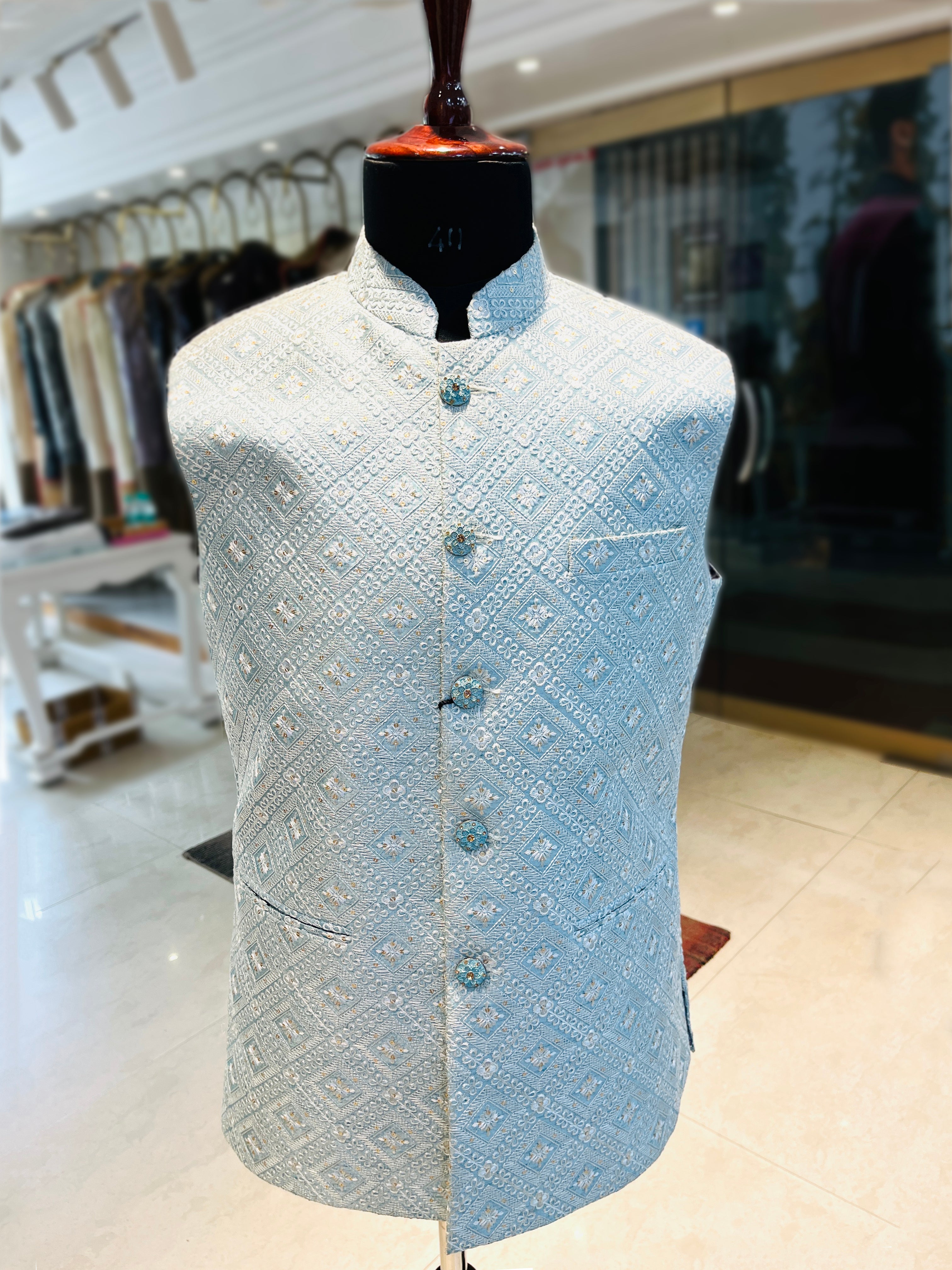 Sky Blue Brocade Waist Coat with Embroidered Buttons