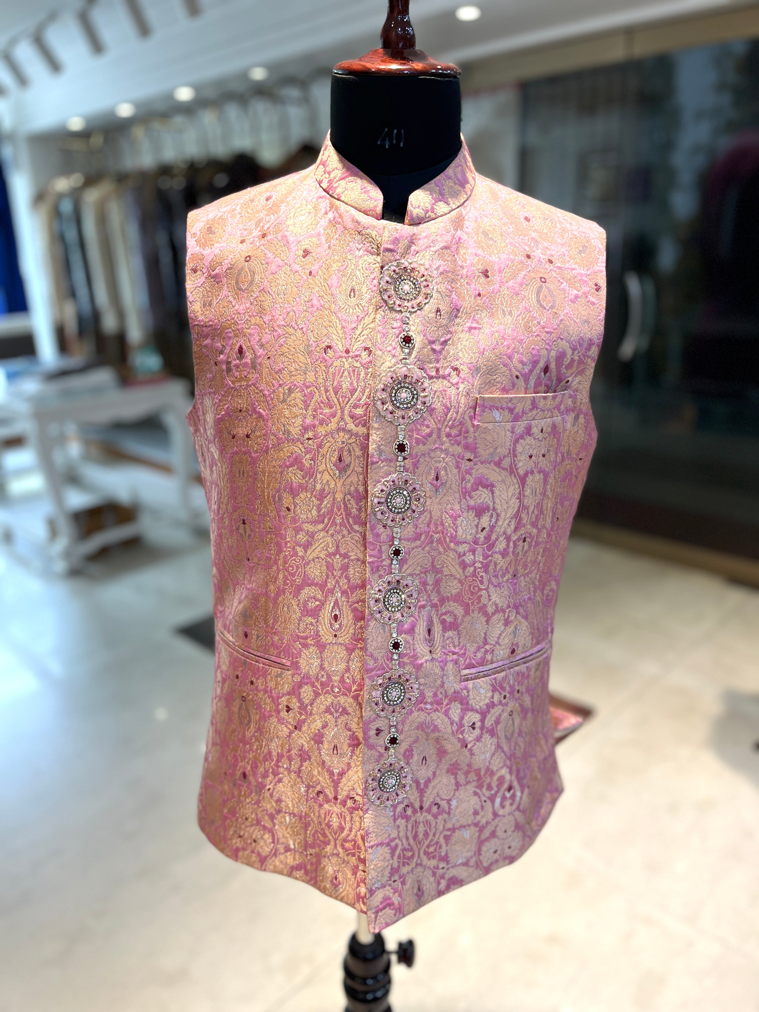 Regal Pink-Gold Brocade Jacket with Embellished Buttons
