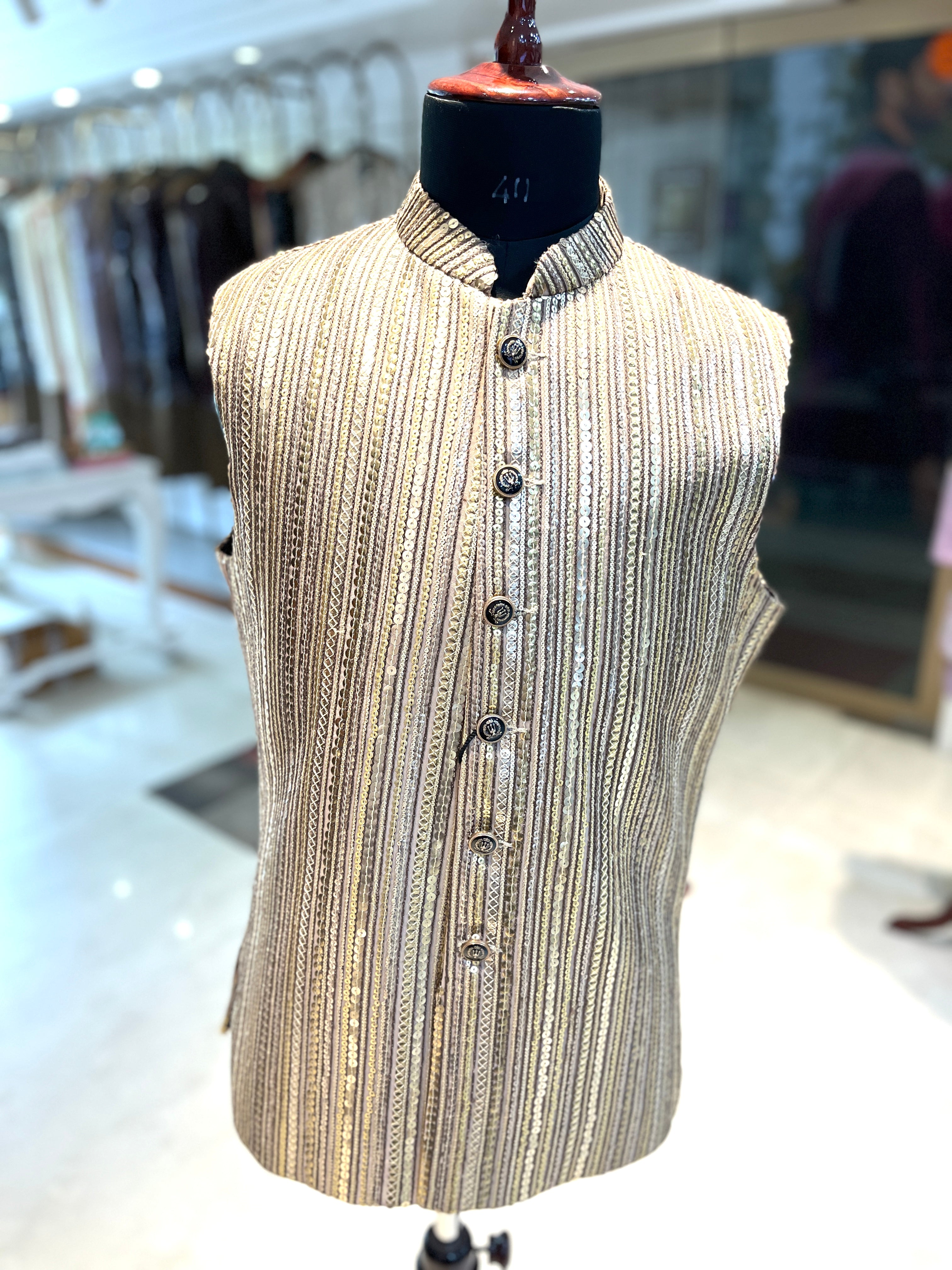 Men's Designer Striped Embroidered Nehru Jacket – Beige & Gold