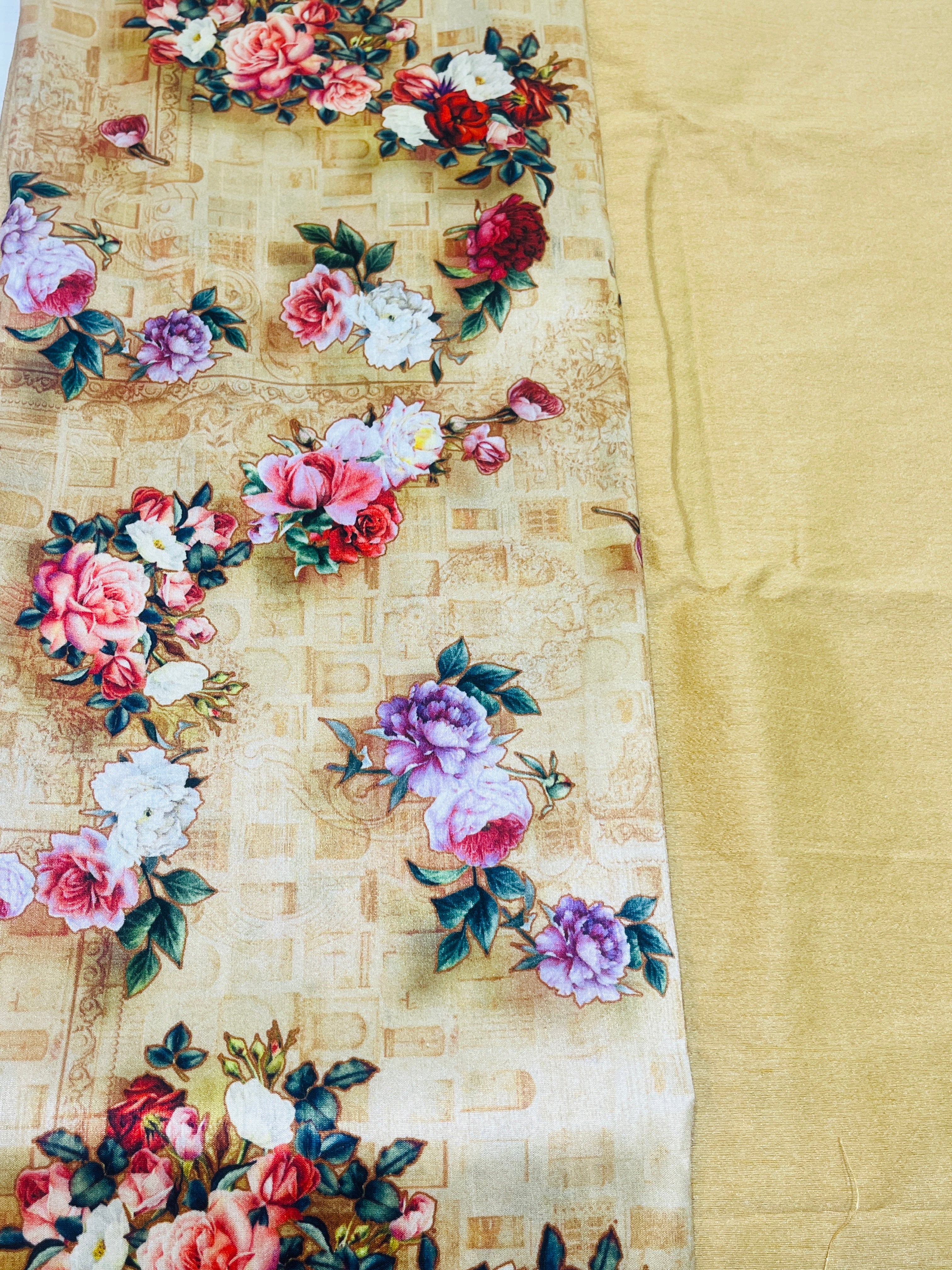 Printed Ivory Cream Unstitched Silk Kurta and Pajama Set