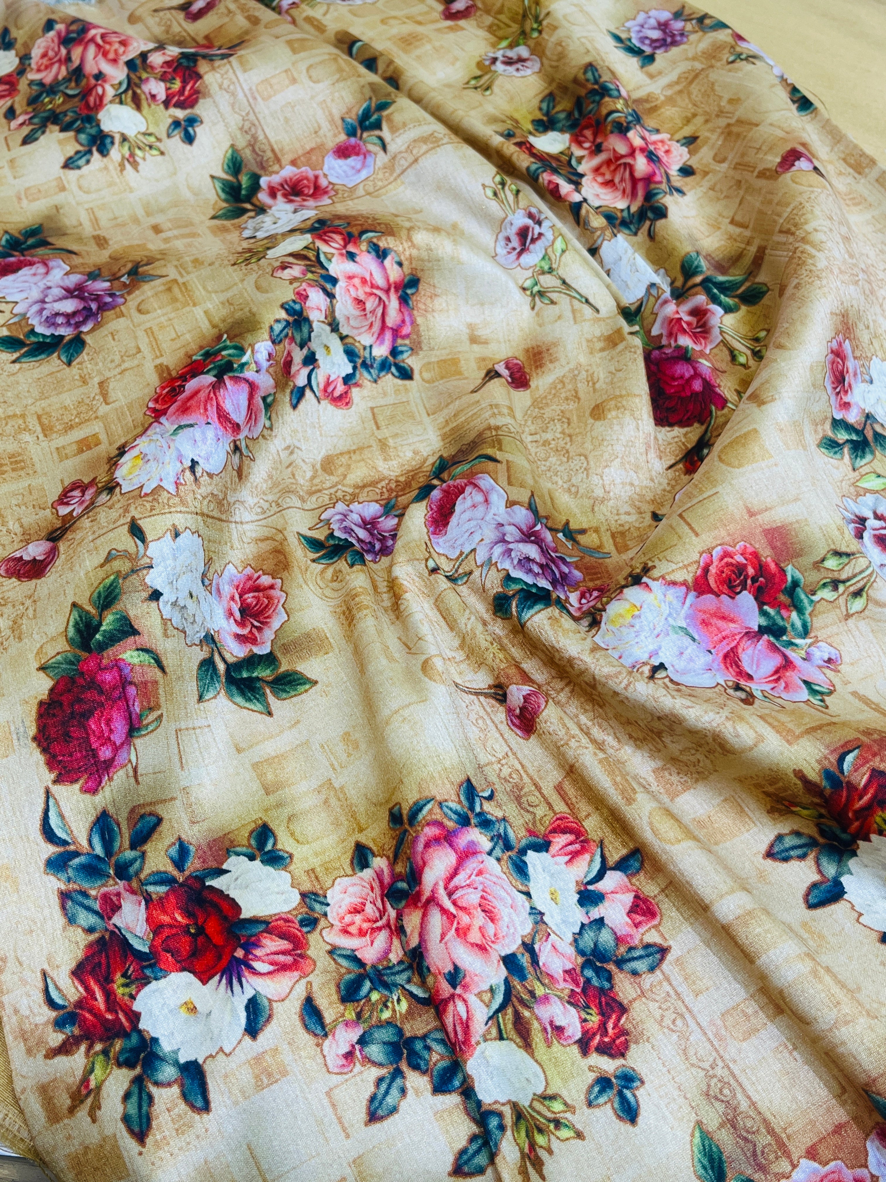 Printed Ivory Cream Unstitched Silk Kurta and Pajama Set