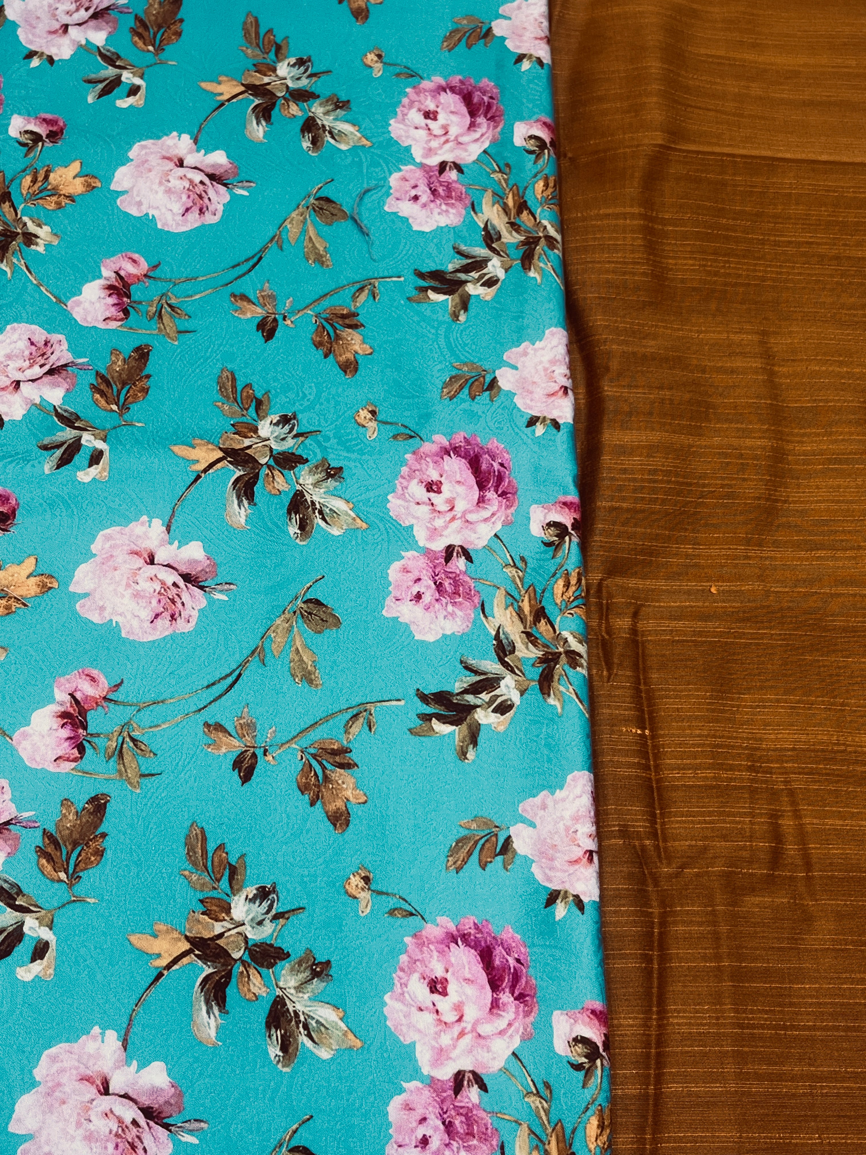 Teal Blue Floral Printed Unstitched Silk Kurta and Pajama Set