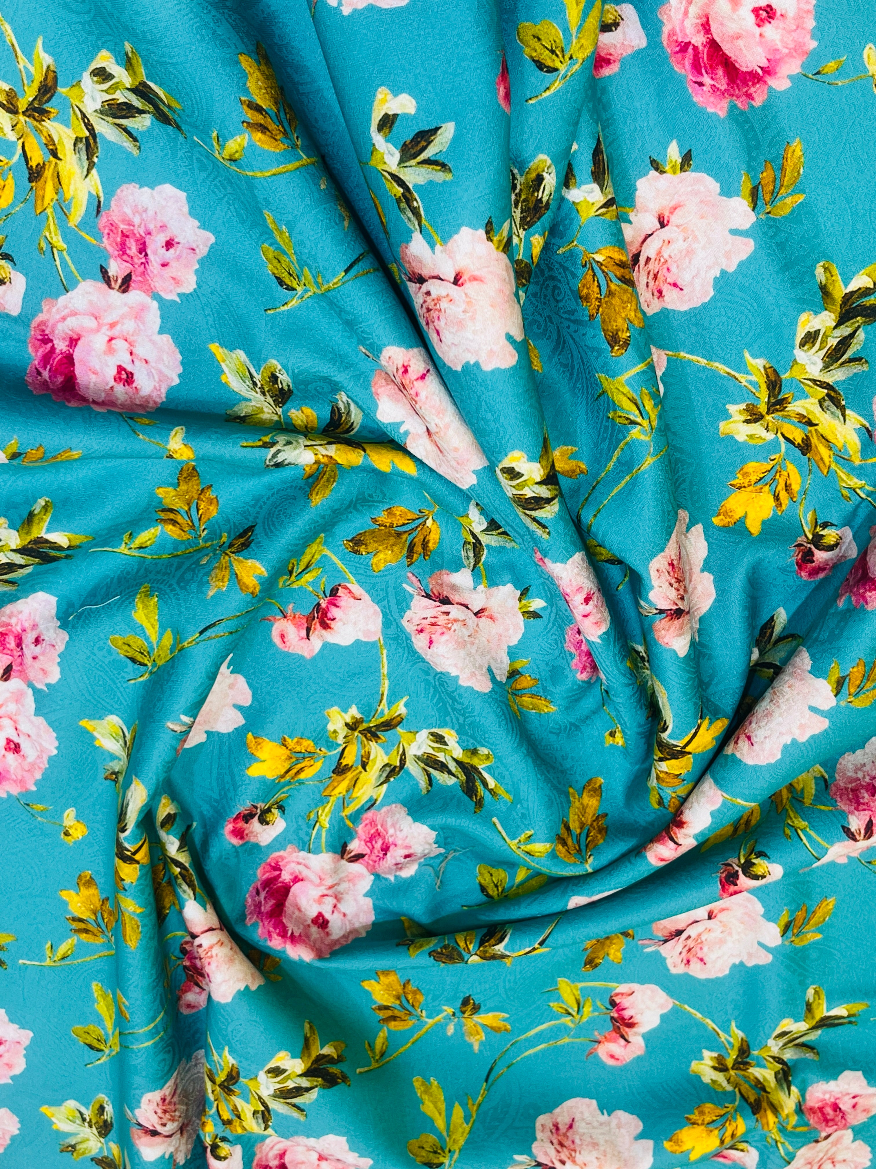 Teal Blue Floral Printed Unstitched Silk Kurta and Pajama Set