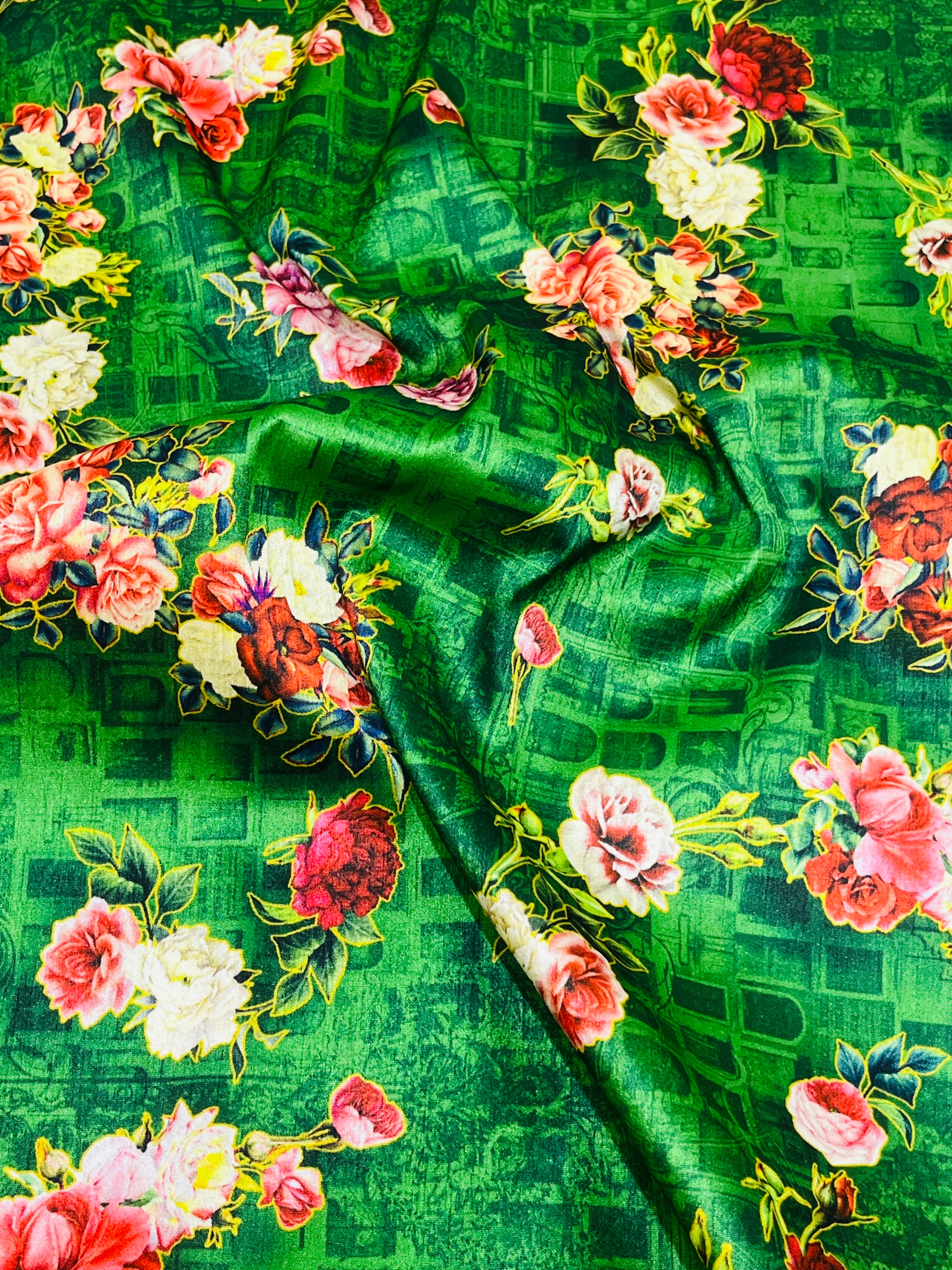 Printed Green Unstitched Silk Kurta and Pajama Set