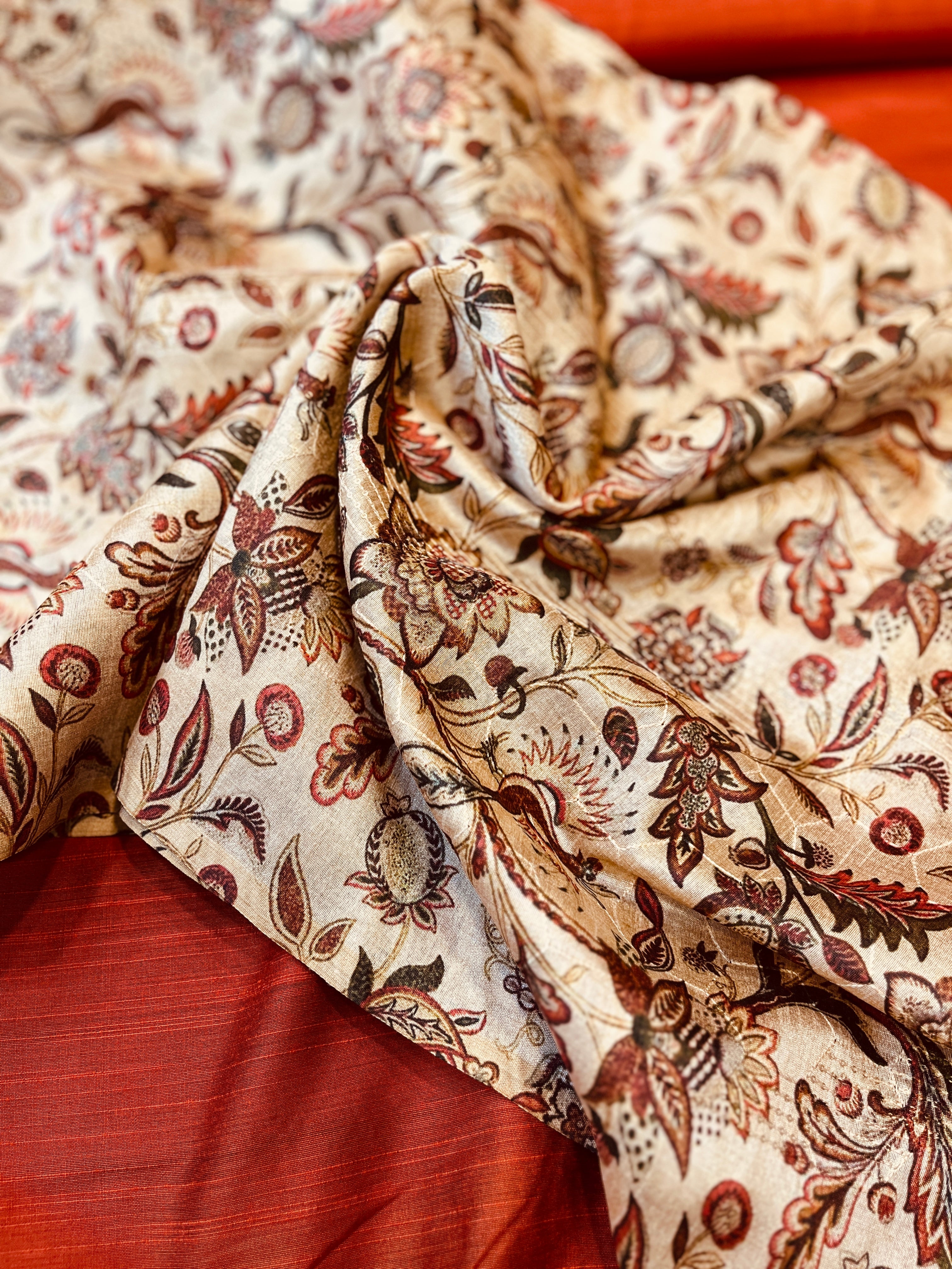 Ivory Beige Printed jacket with  Silk Kurta and Pajama Set