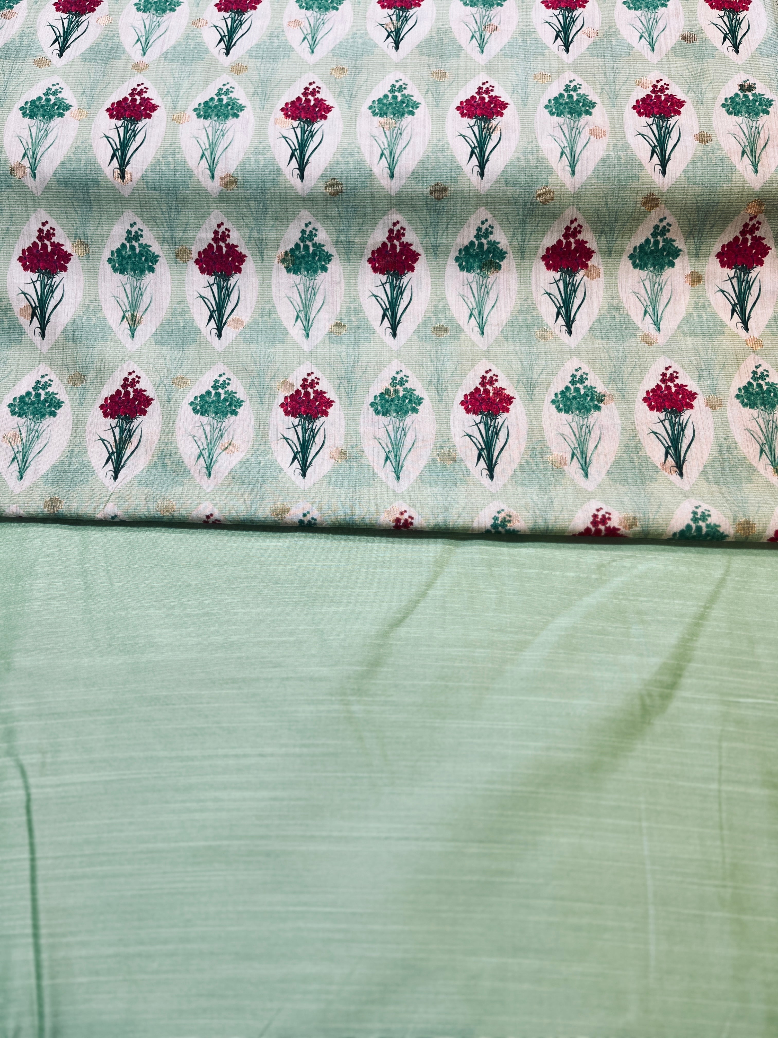 Olive Green Floral Printed jacket with  Silk Kurta Set