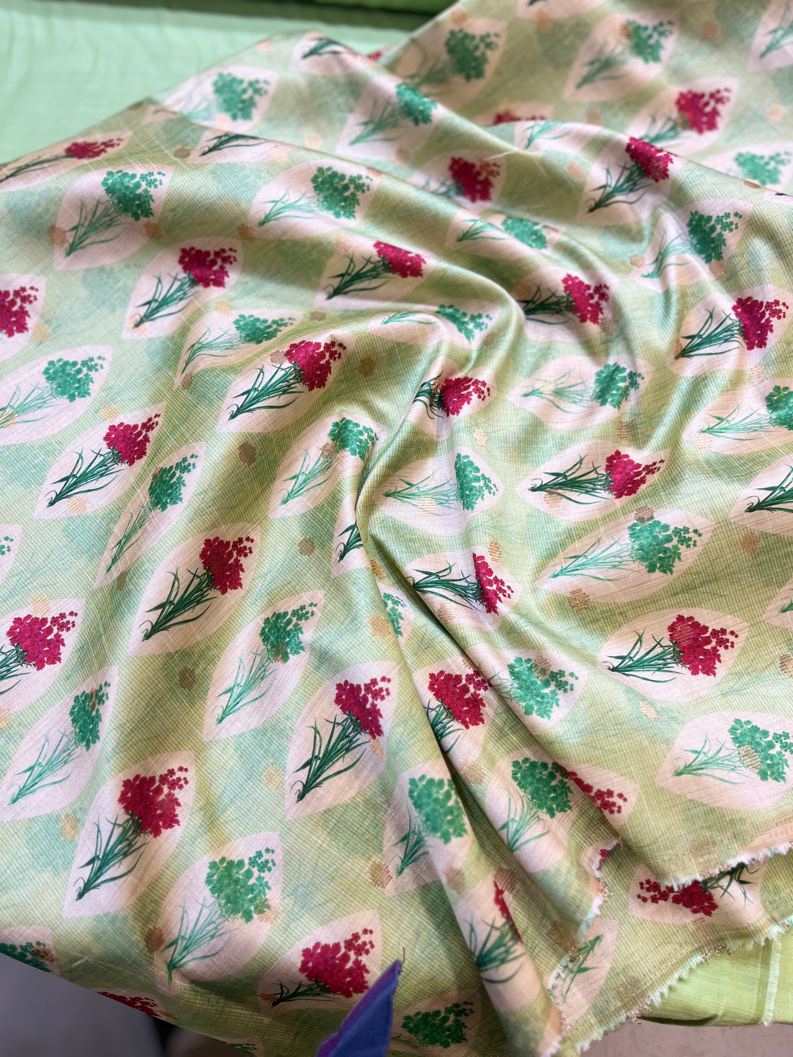 Olive Green Floral Printed jacket with  Silk Kurta Set