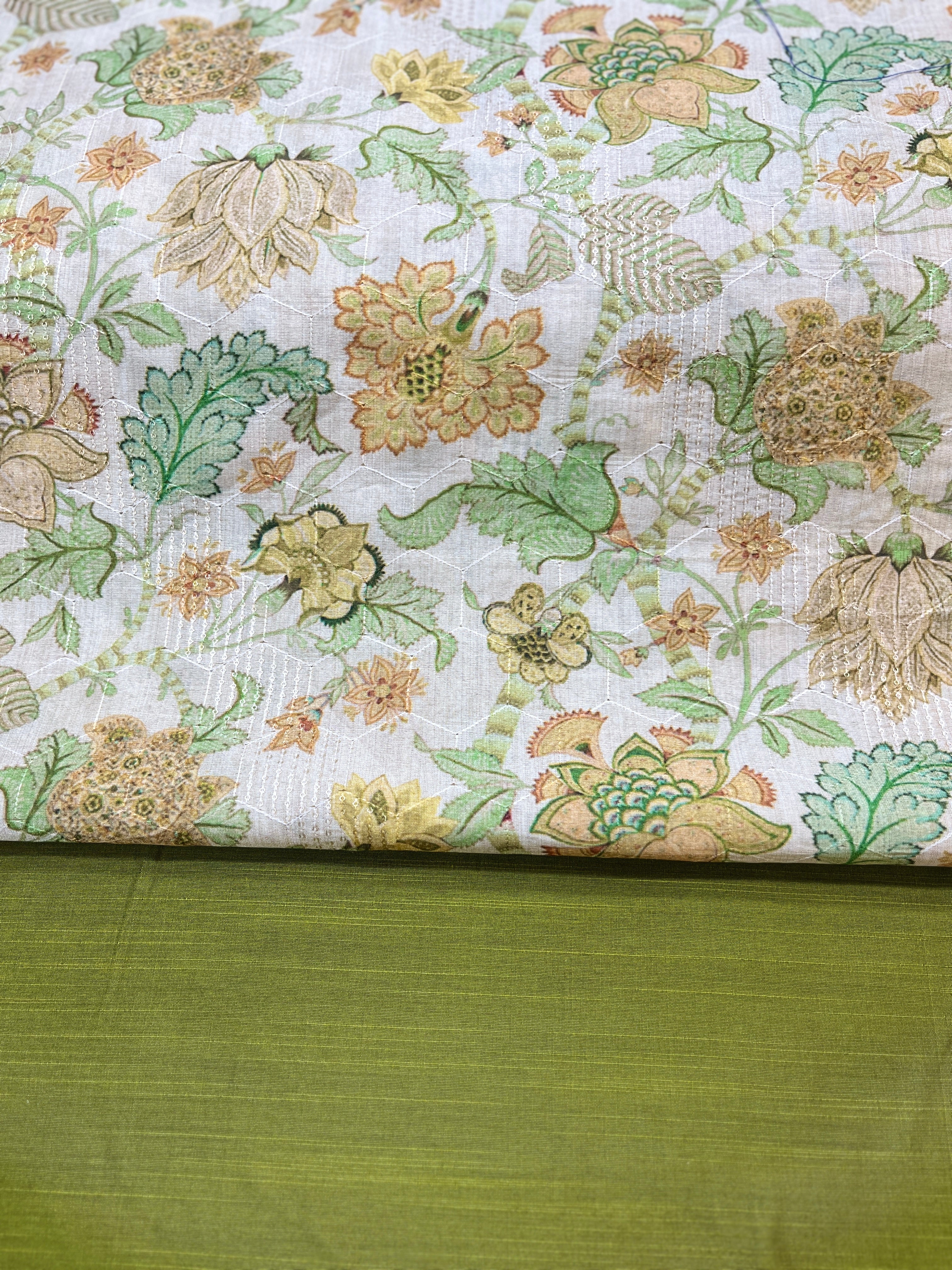 Olive Green Floral Printed jacket with  Silk Kurta Set