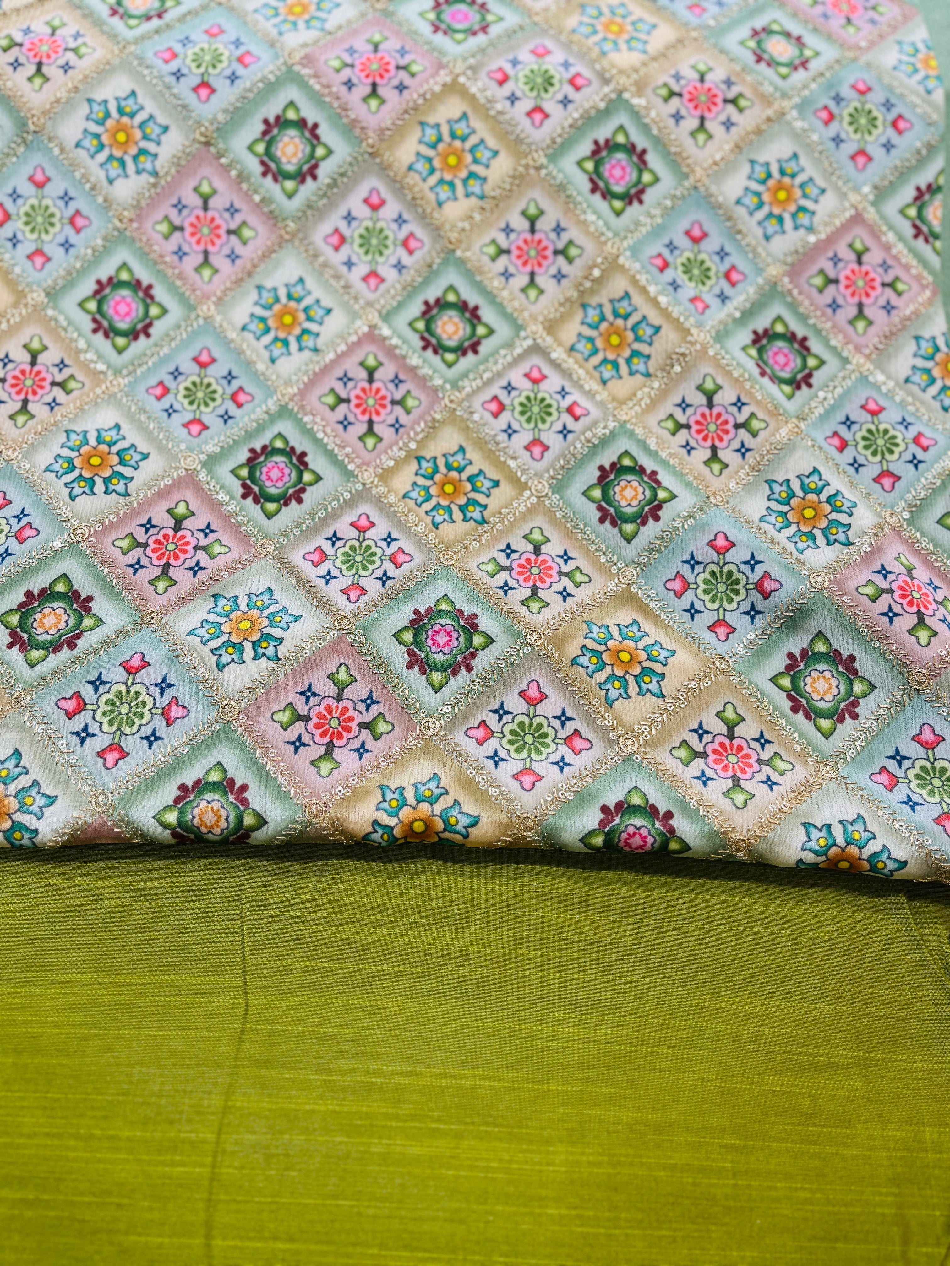 Olive Green Floral Printed jacket with  Silk Kurta Set