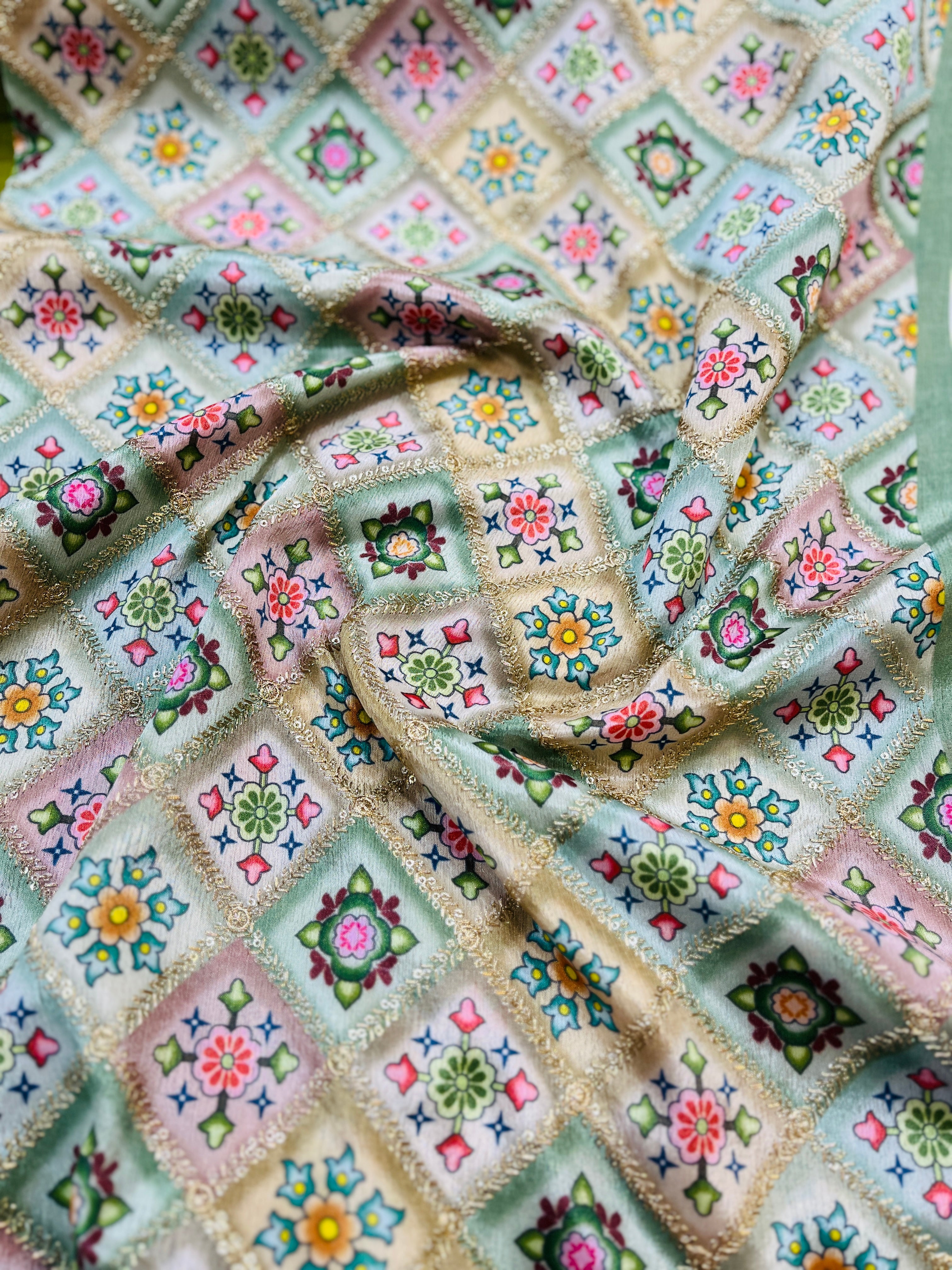 Olive Green Floral Printed jacket with  Silk Kurta Set