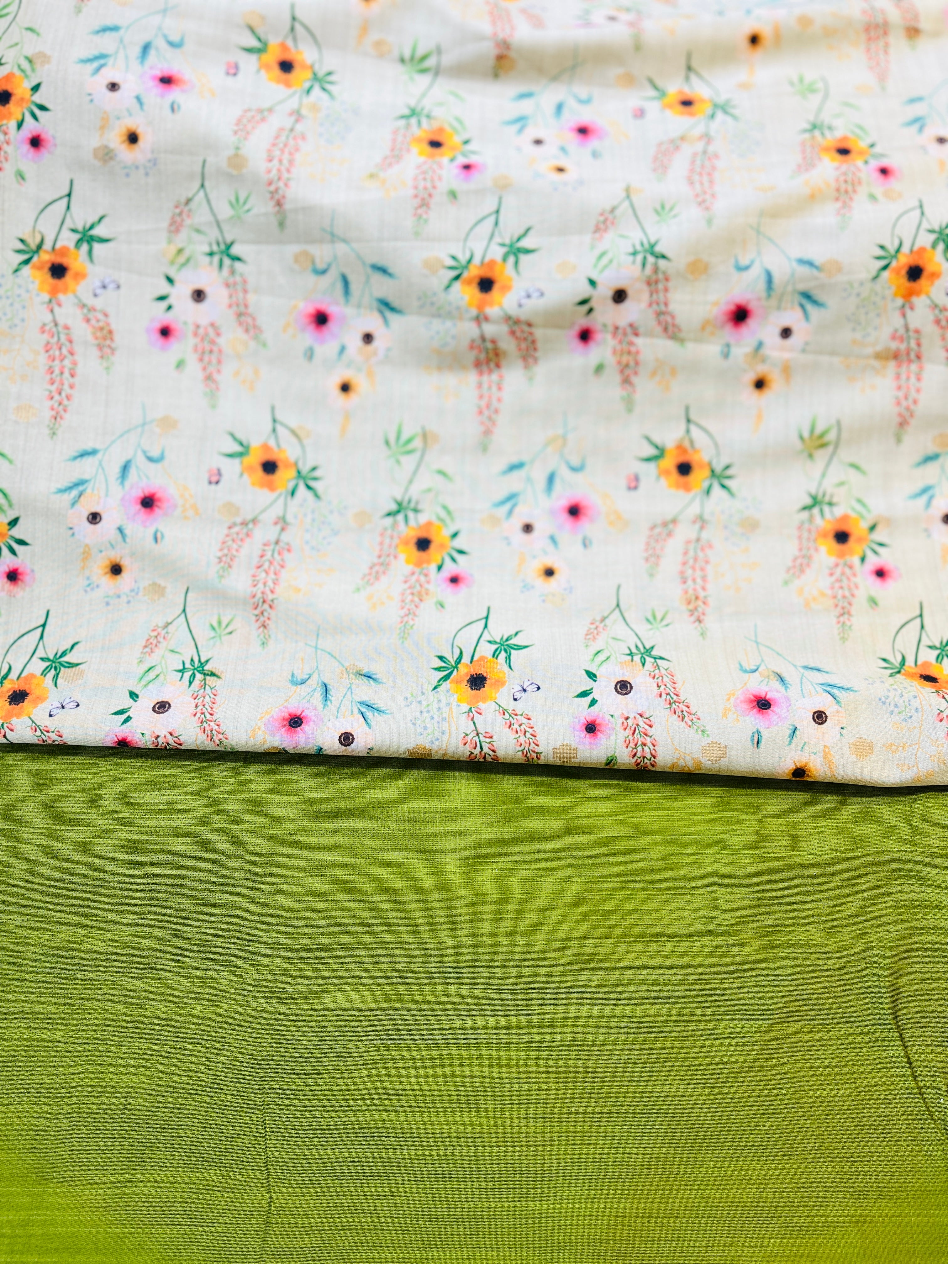 Beige Floral Printed Silk jacket with plain kurta Set