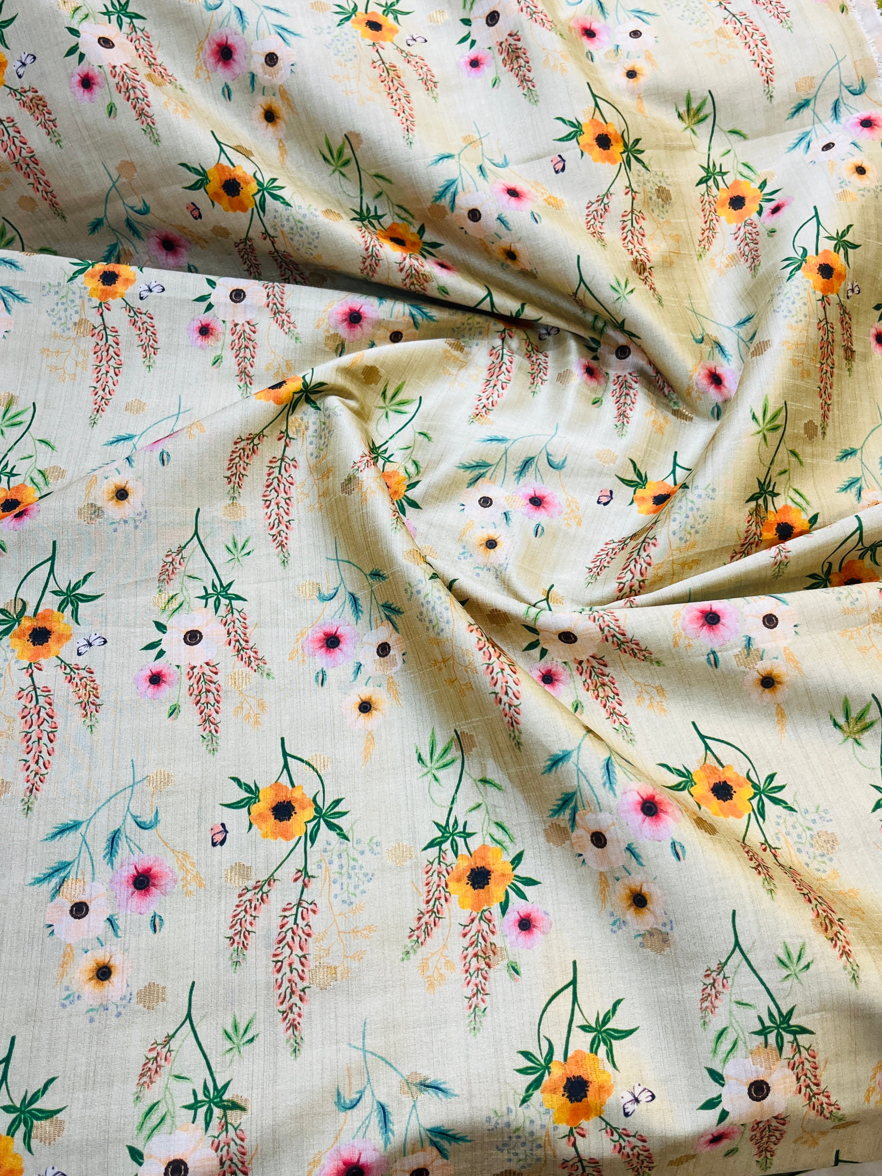 Beige Floral Printed Silk jacket with plain kurta Set