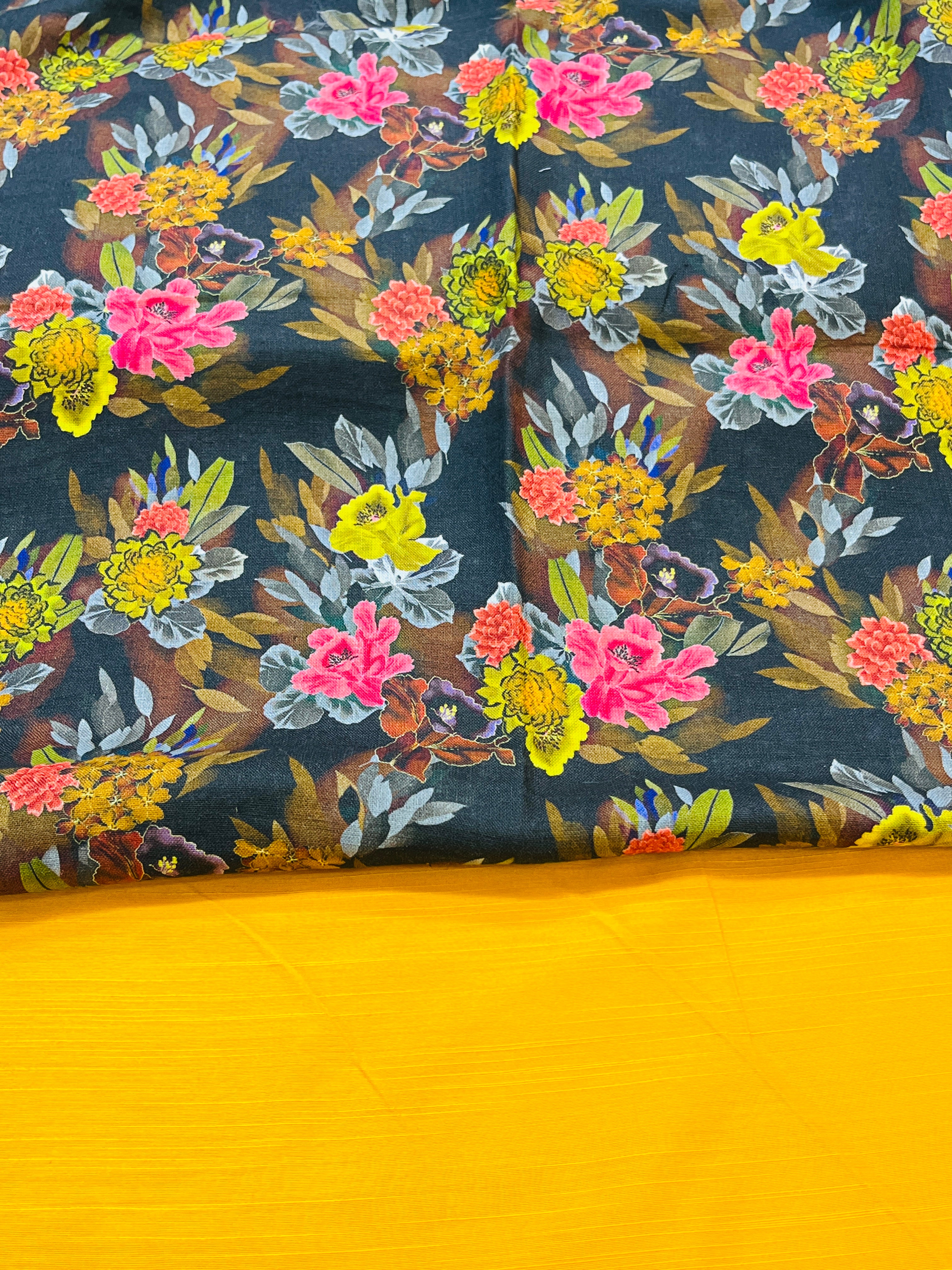 Black and Yellow Floral Printed jacket with  Silk Kurta and Pajama Set