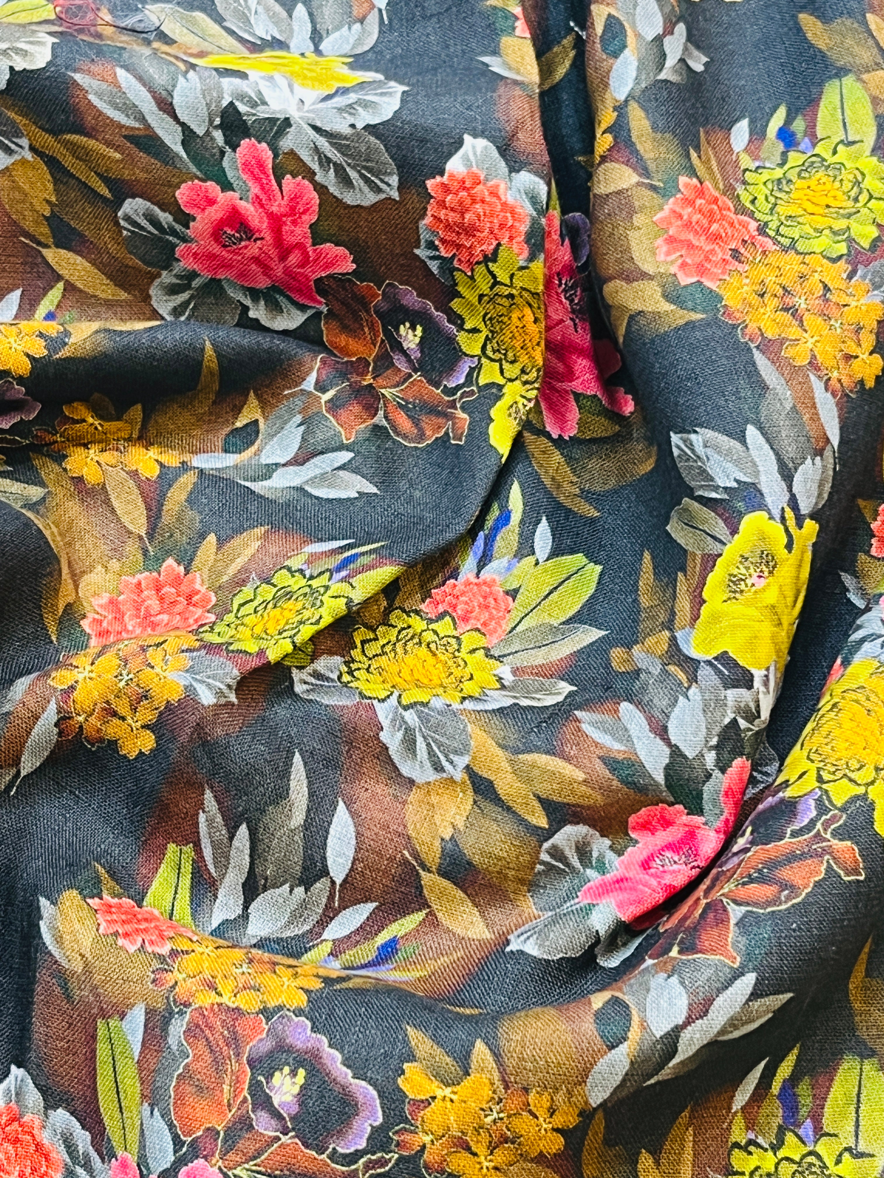 Black and Yellow Floral Printed jacket with  Silk Kurta and Pajama Set