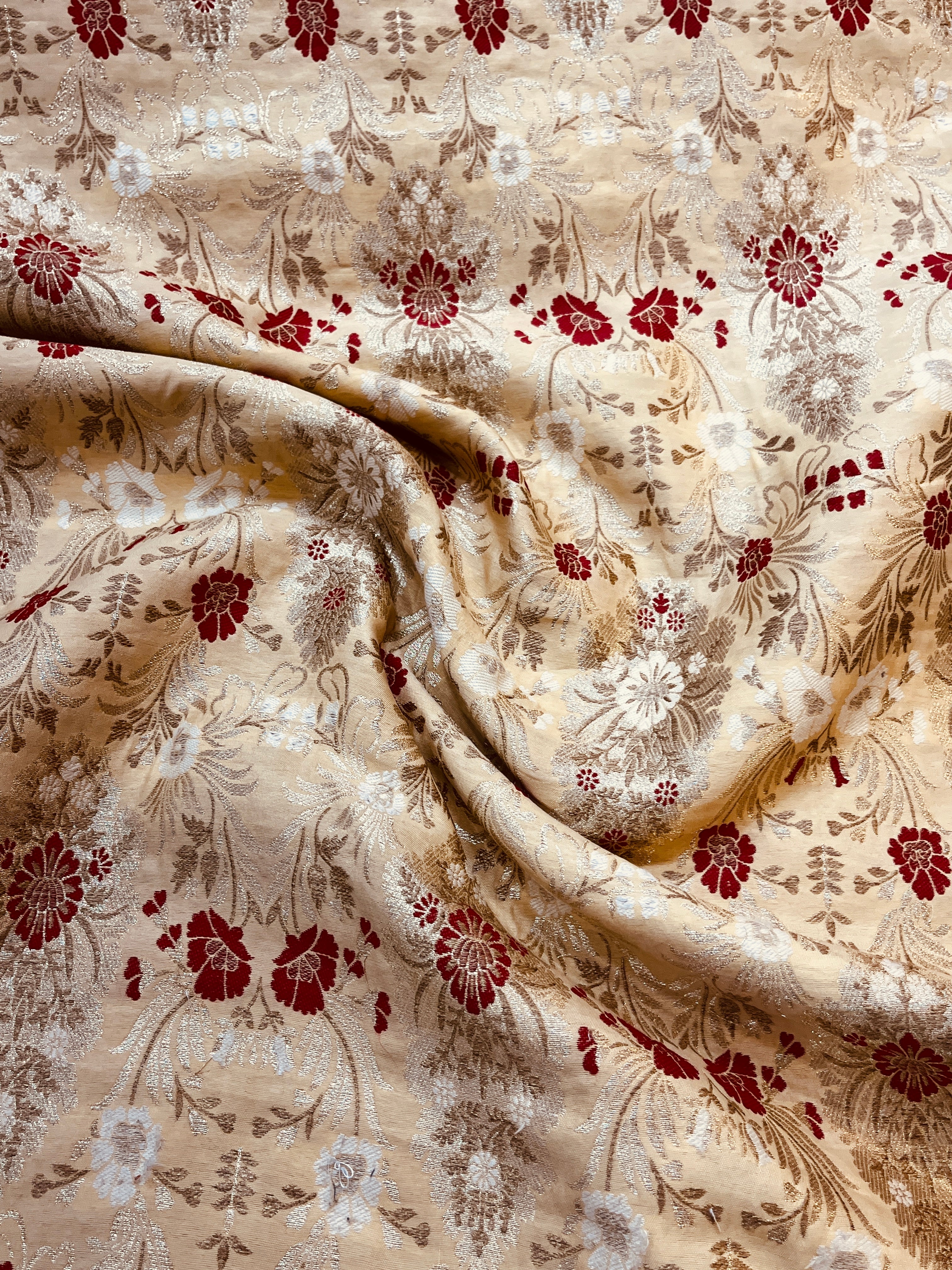 Ivory Beige Floral Printed Jacket with Silk Kurta and Pajama Set