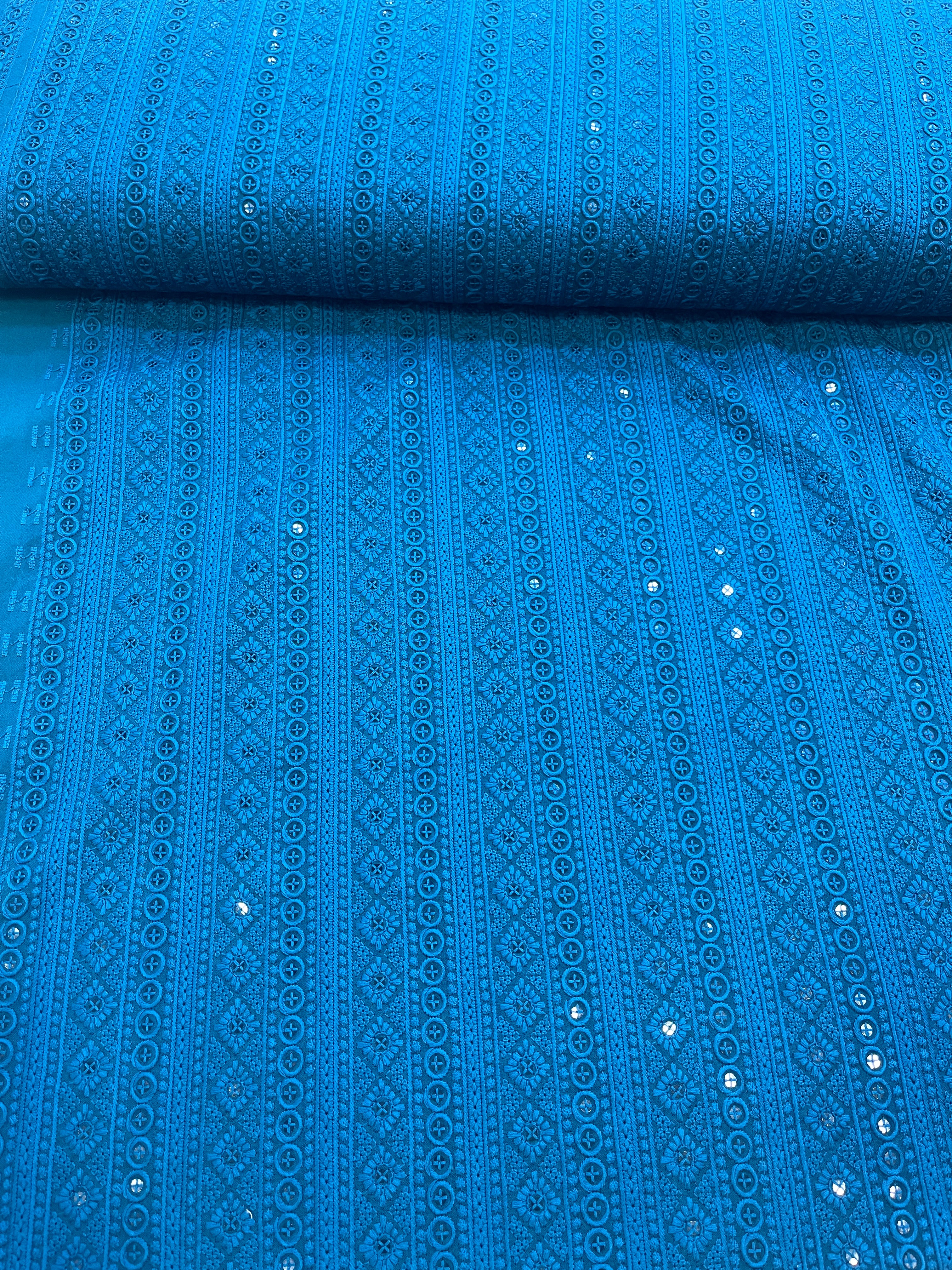 Blue Geometric Embroidered Chikankari Kurta Fabric