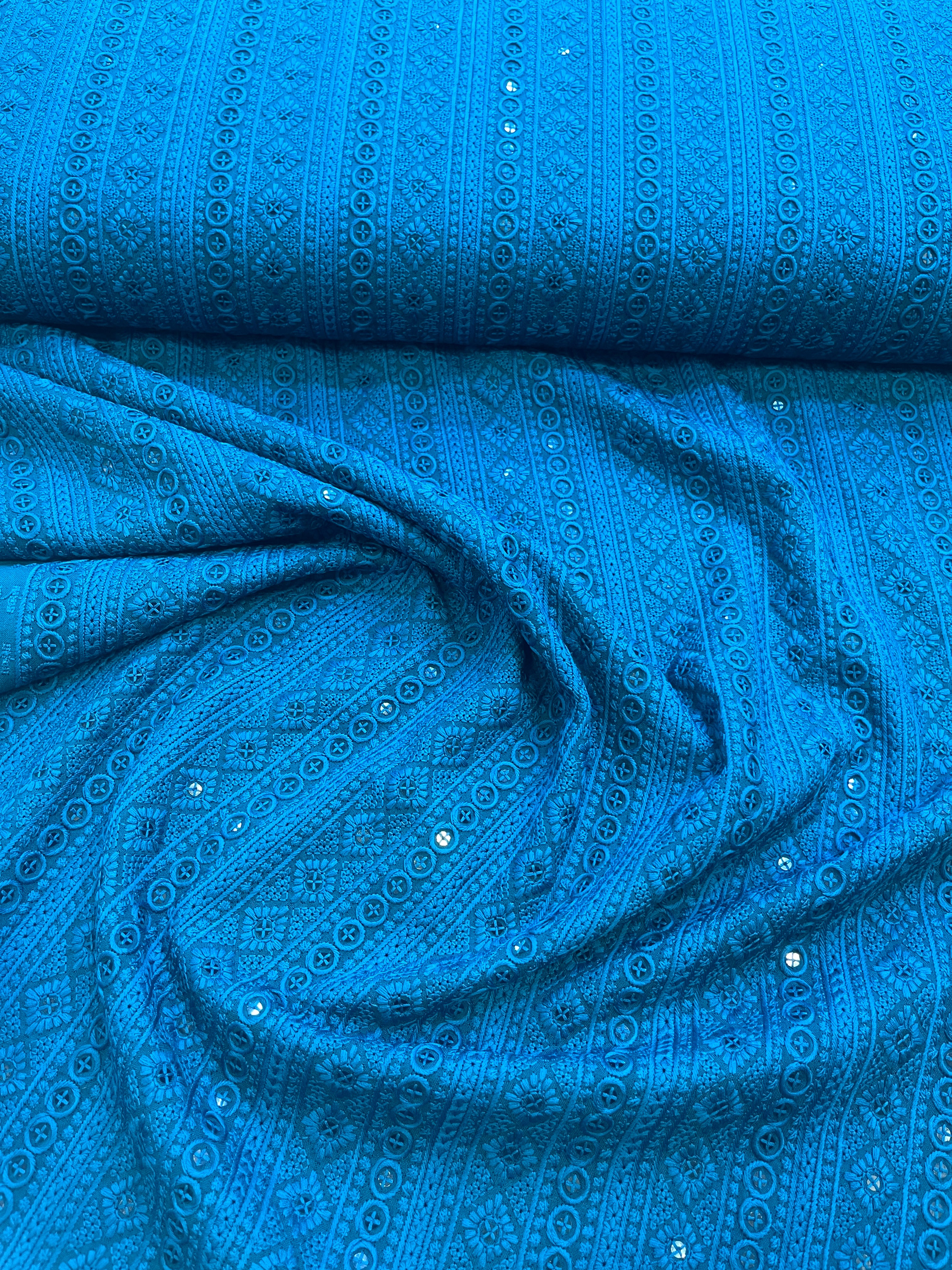 Blue Geometric Embroidered Chikankari Kurta Fabric