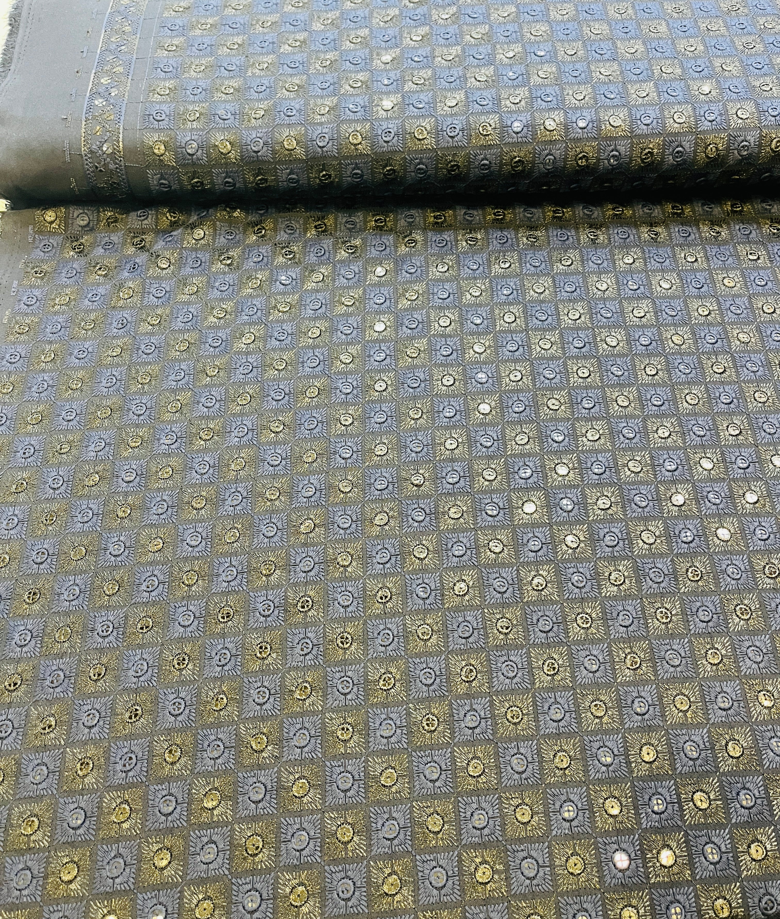 Regal Mirror-Work Chikankari Fabric – Midnight Gold