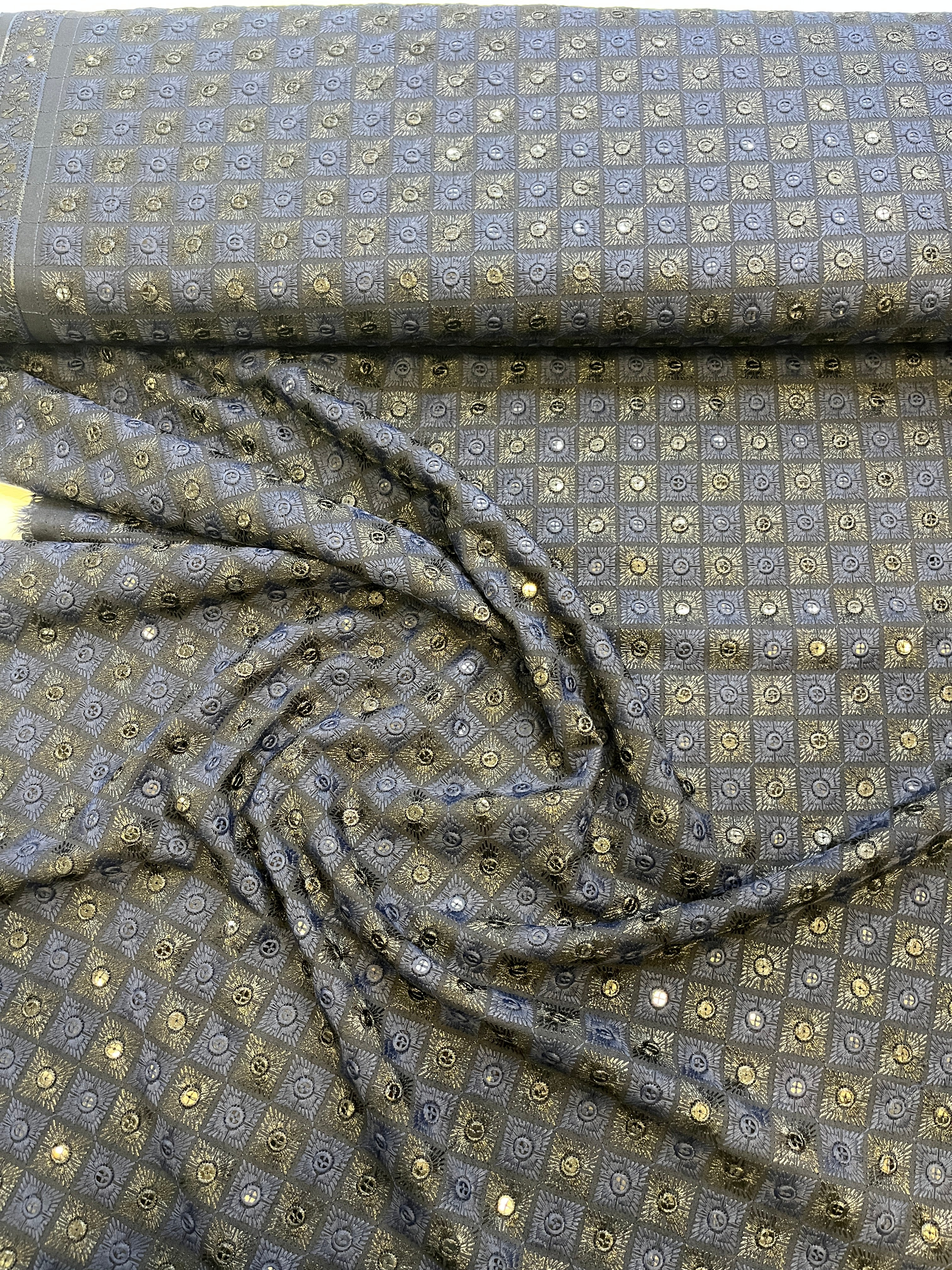 Regal Mirror-Work Chikankari Fabric – Midnight Gold